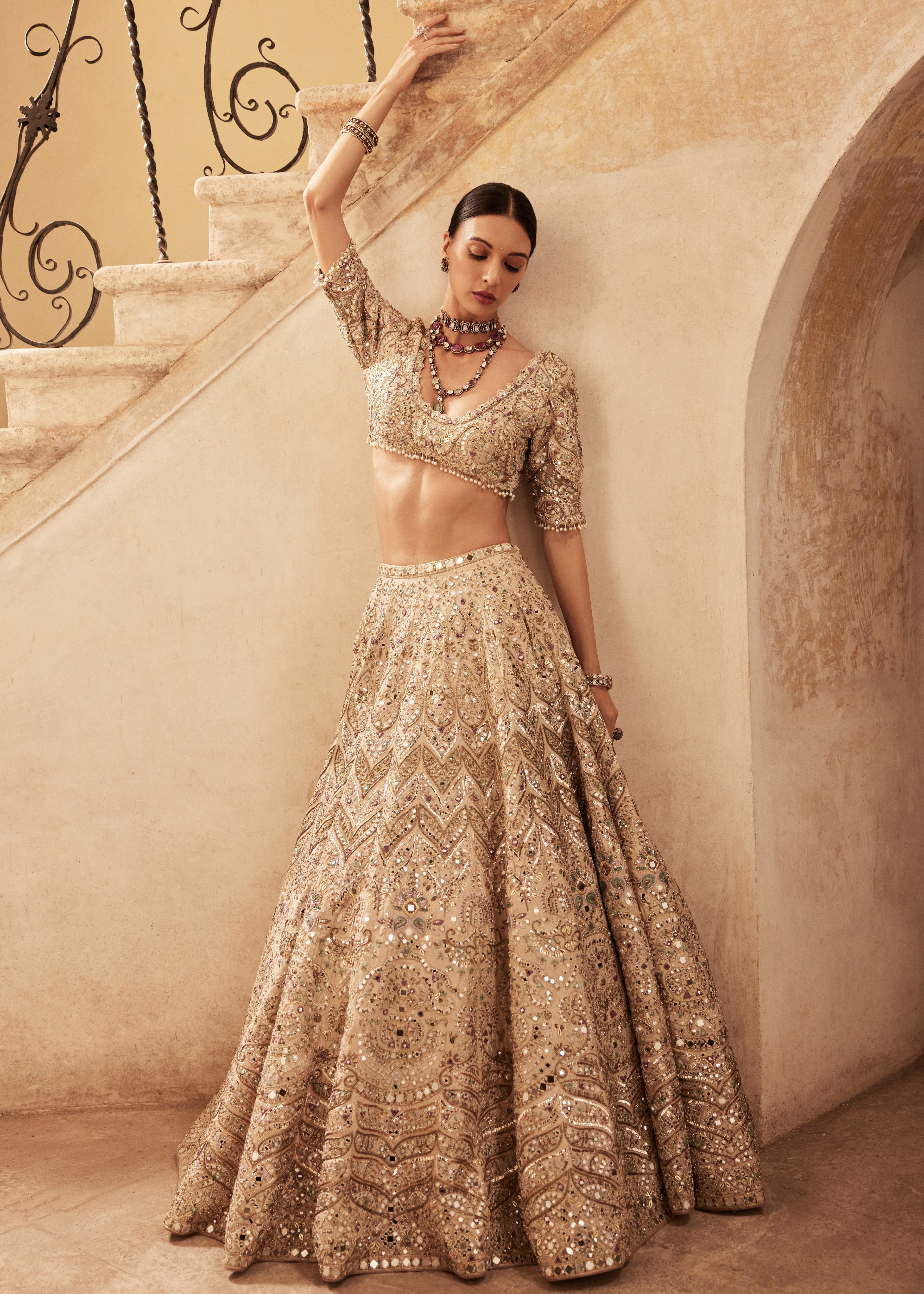 Champagne Raw Silk Mirror Lehenga Set