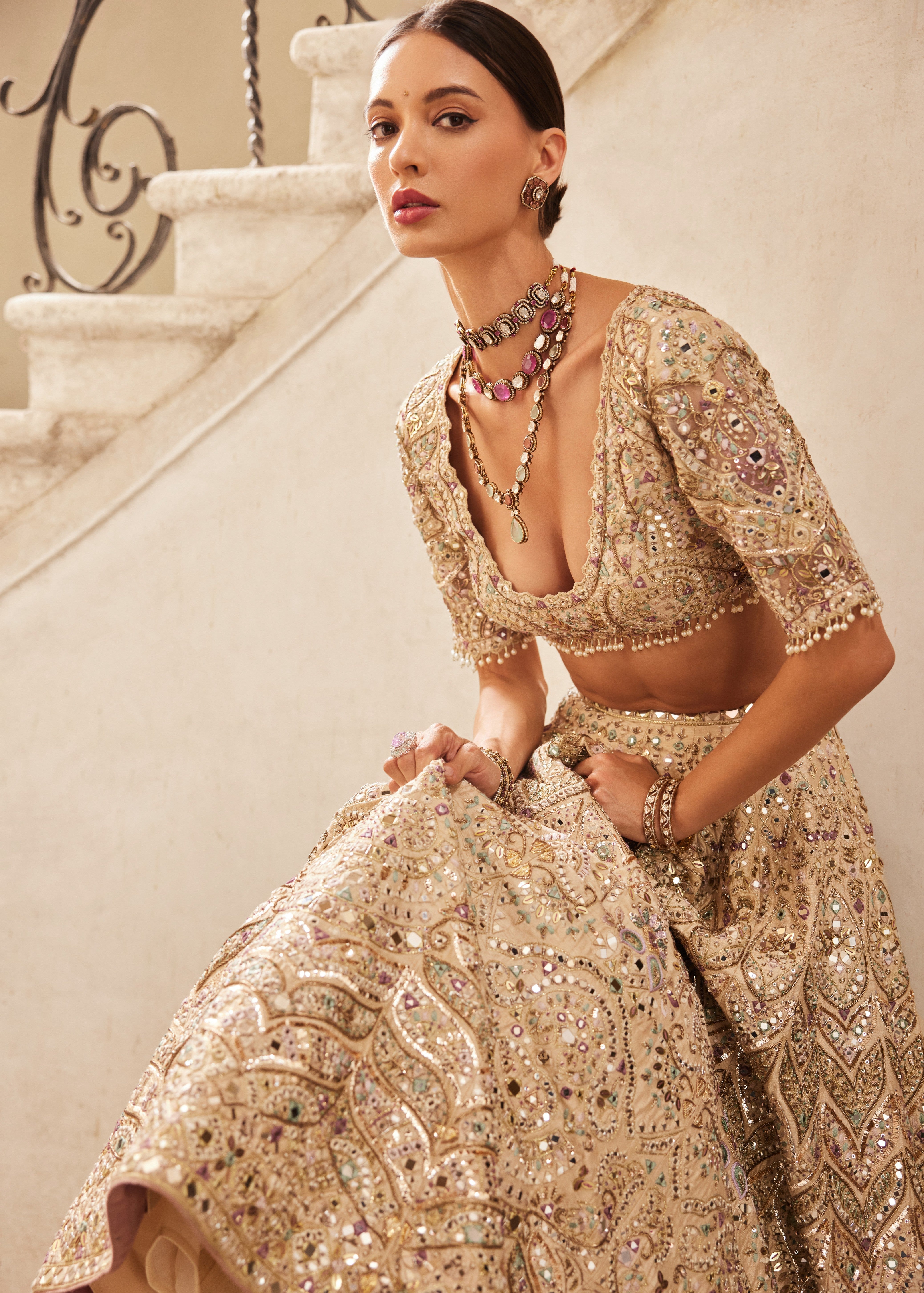 Champagne Raw Silk Mirror Lehenga Set