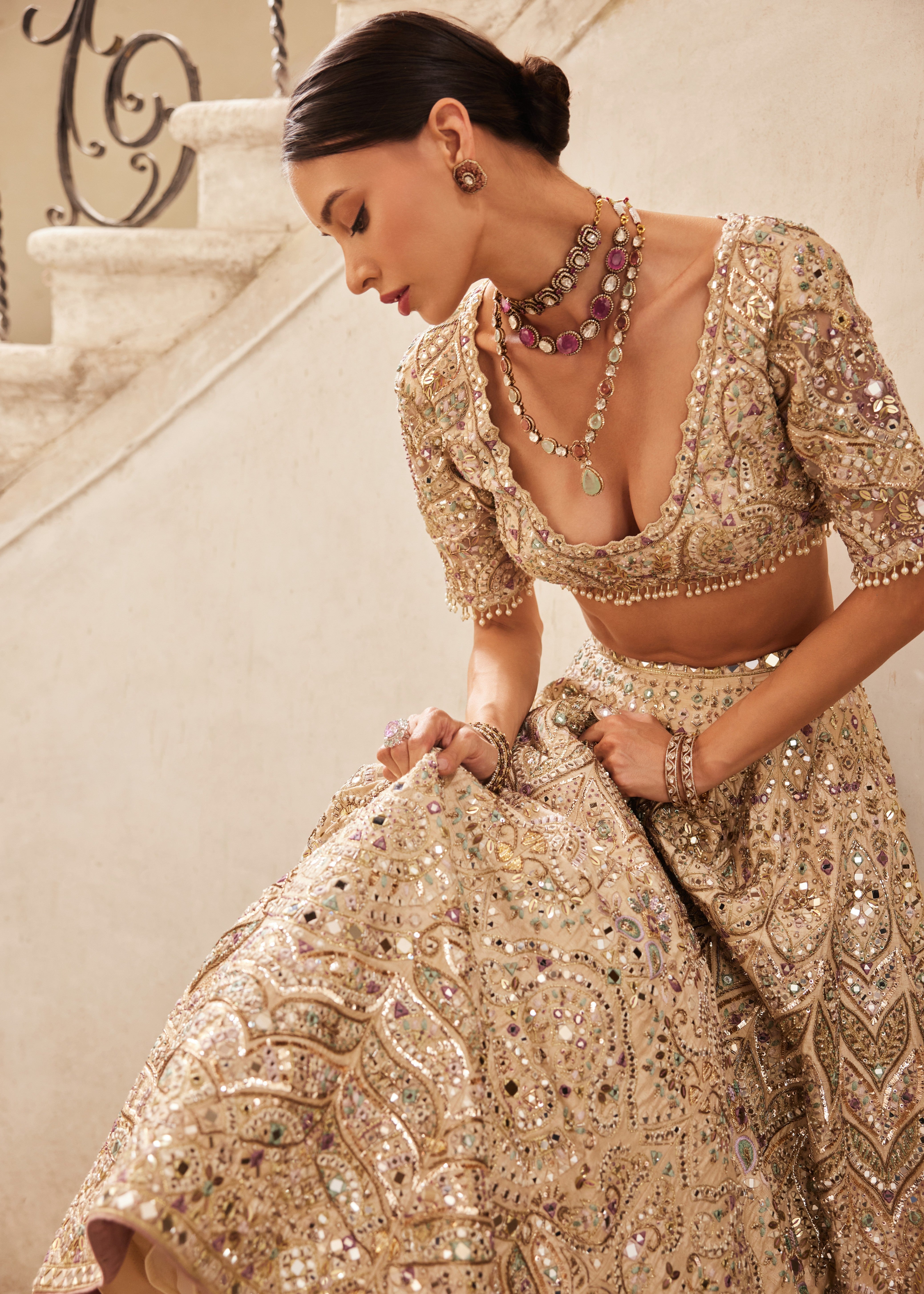 Champagne Raw Silk Mirror Lehenga Set
