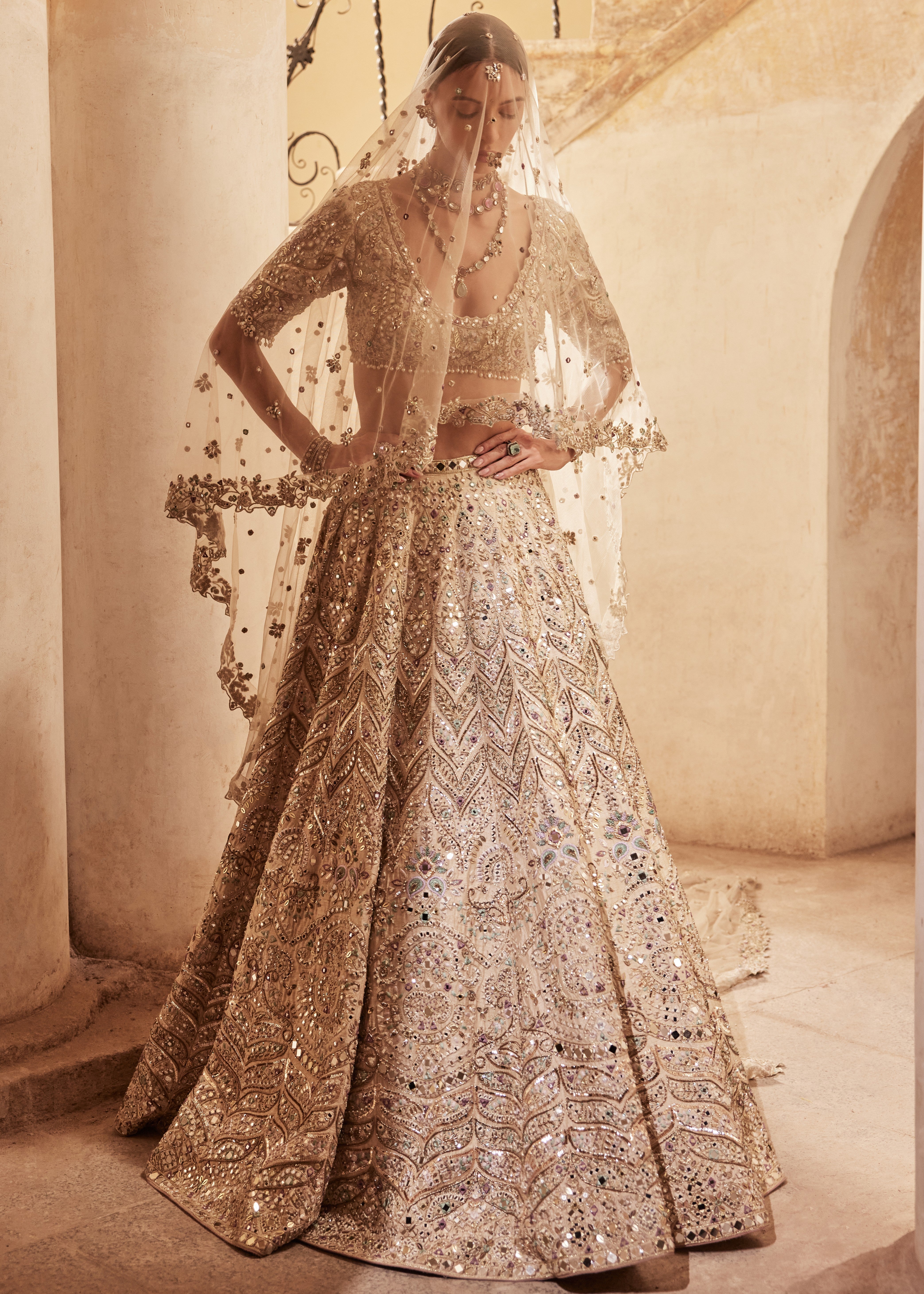 Champagne Raw Silk Mirror Lehenga Set