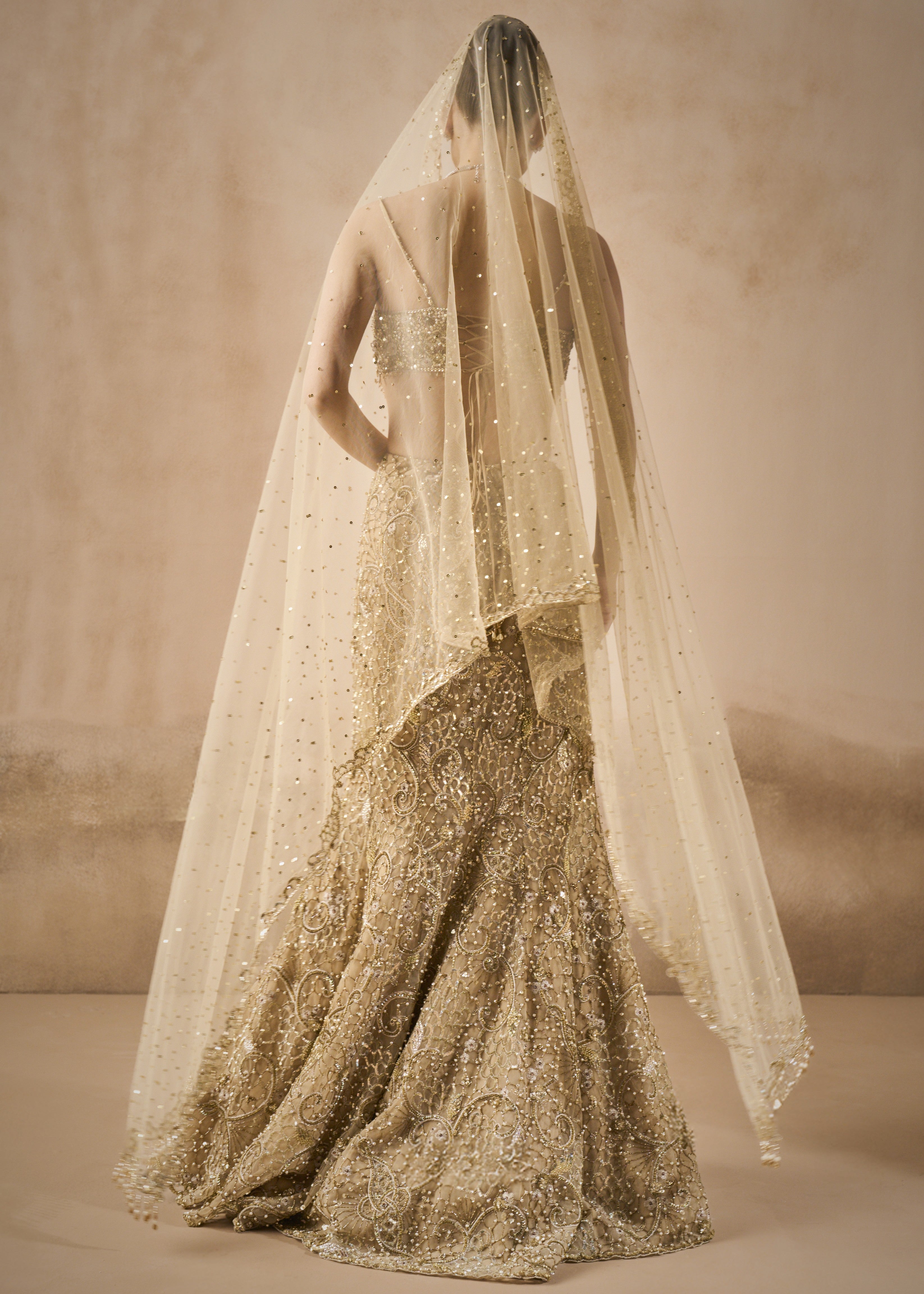 Beige Gold Sparkle Tulle Fit And Flare Lehenga Set