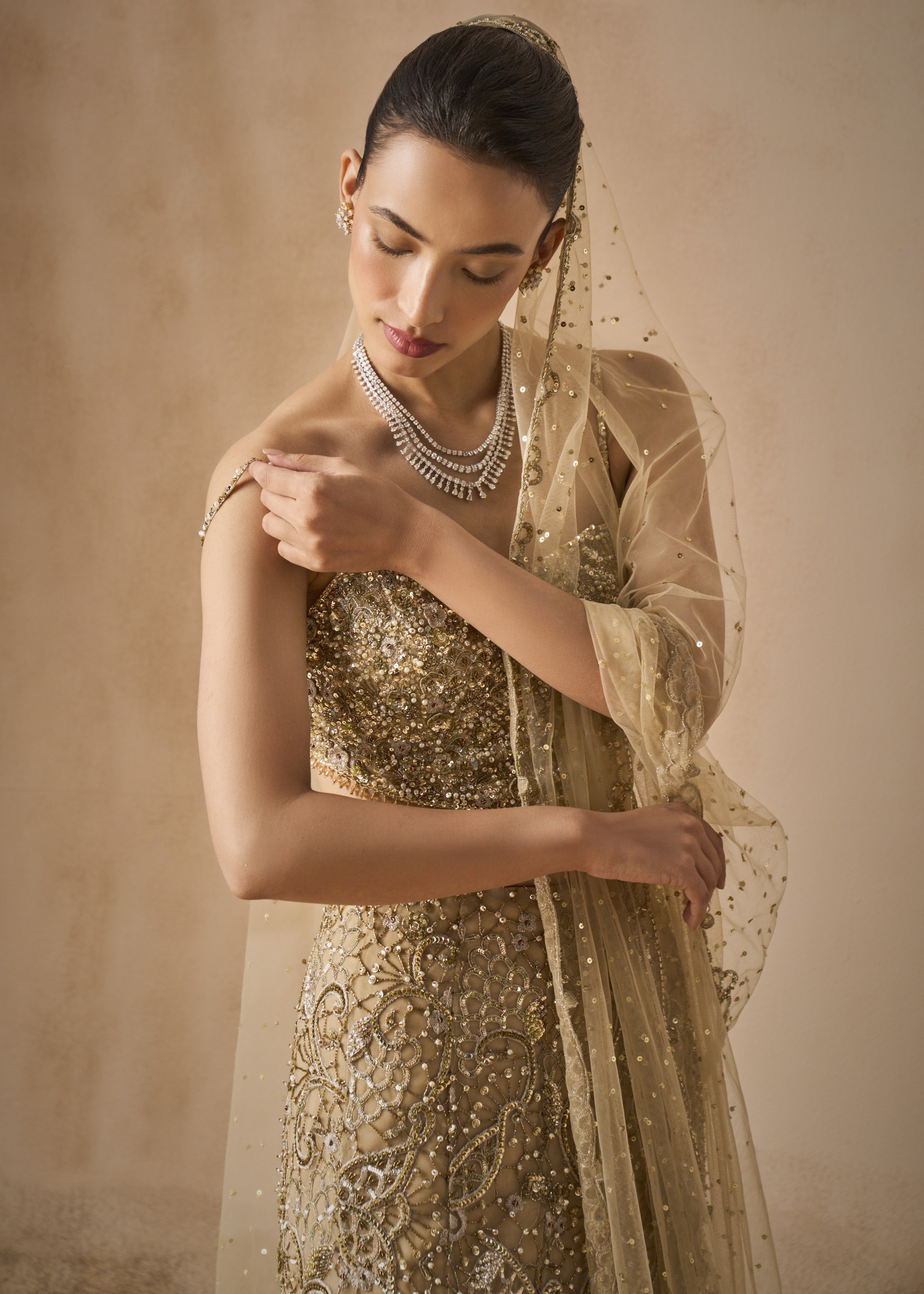 Beige Gold Sparkle Tulle Fit And Flare Lehenga Set