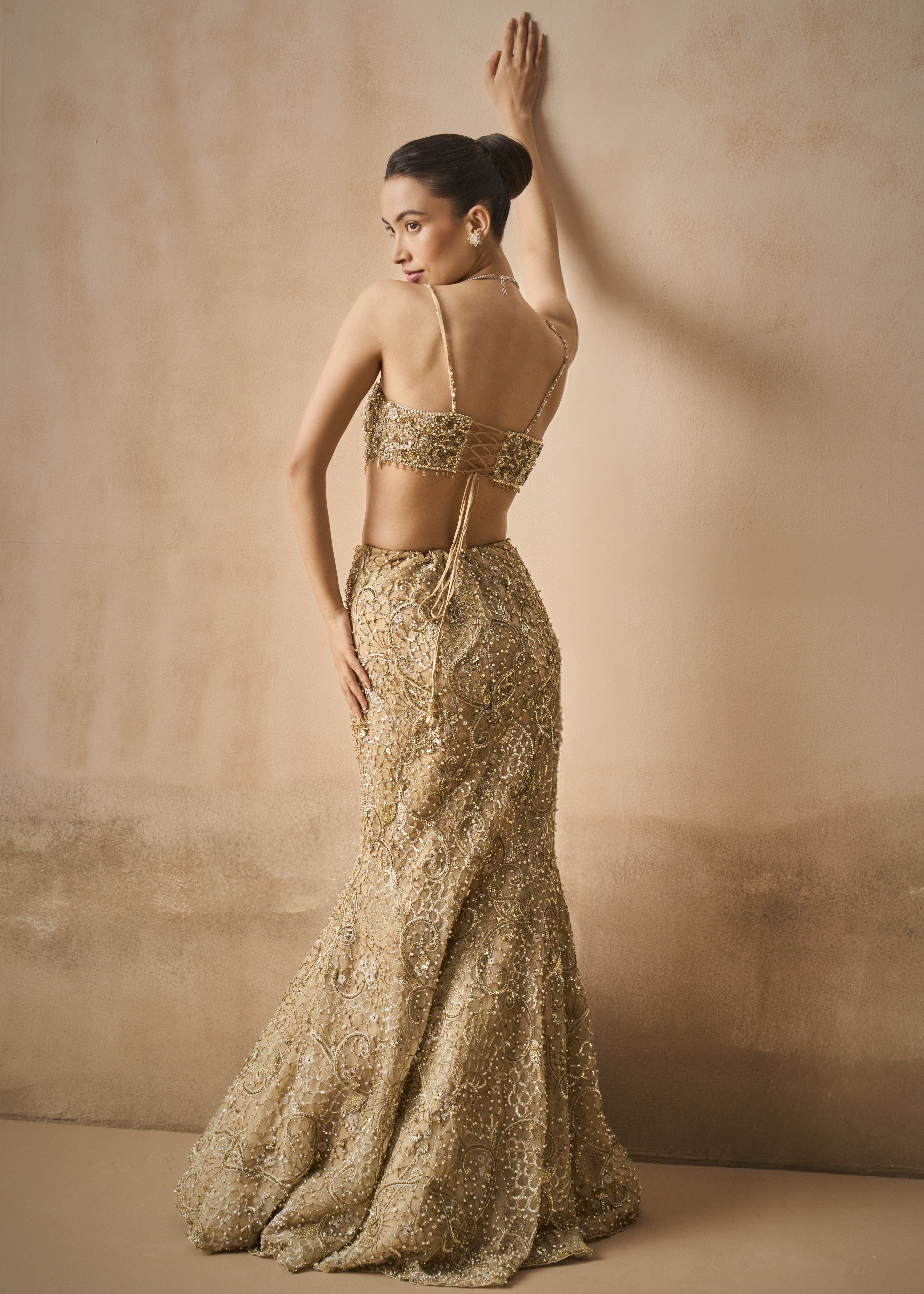 Beige Gold Sparkle Tulle Fit And Flare Lehenga Set