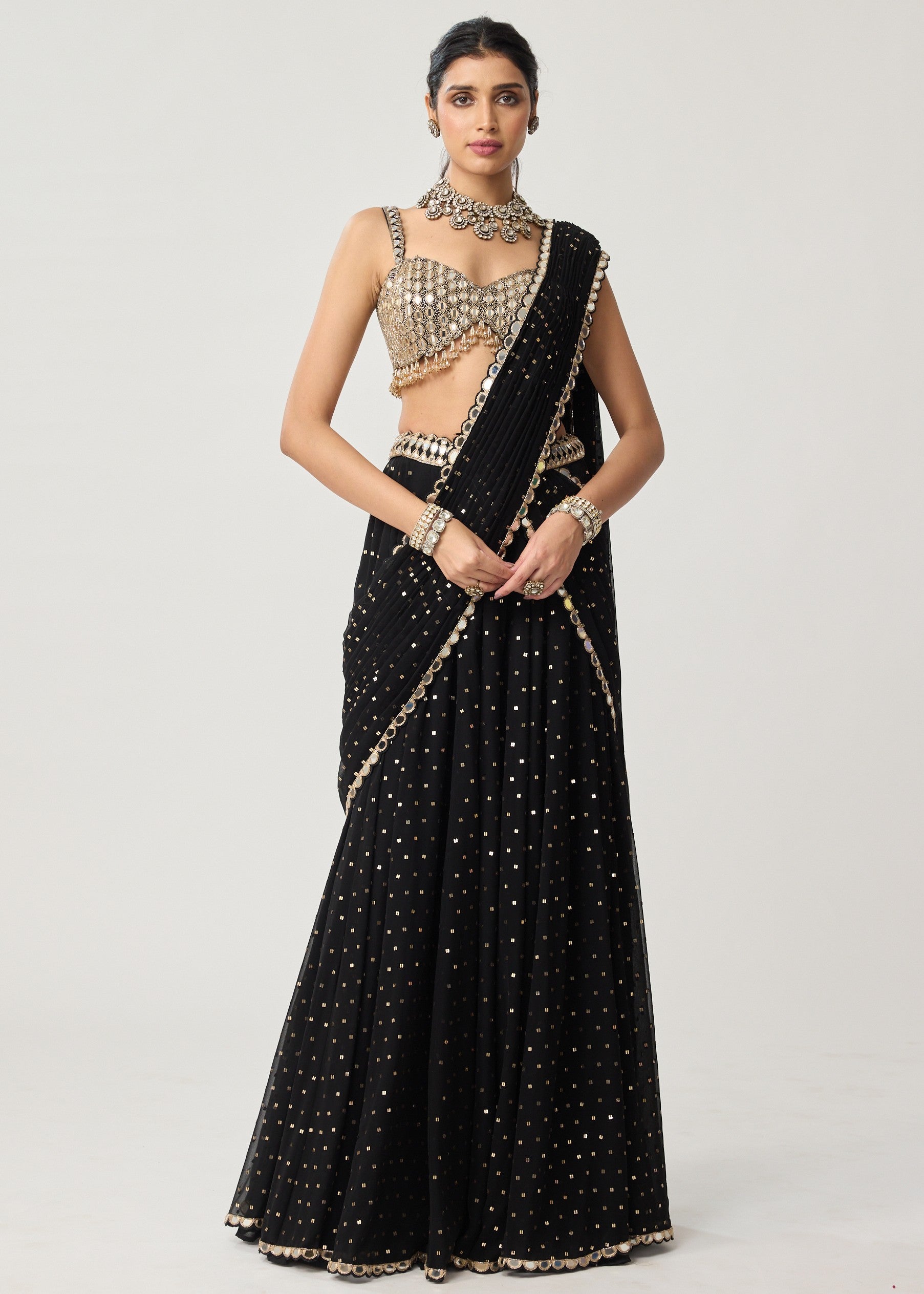 Black Georgette Flared Pants Sari Set