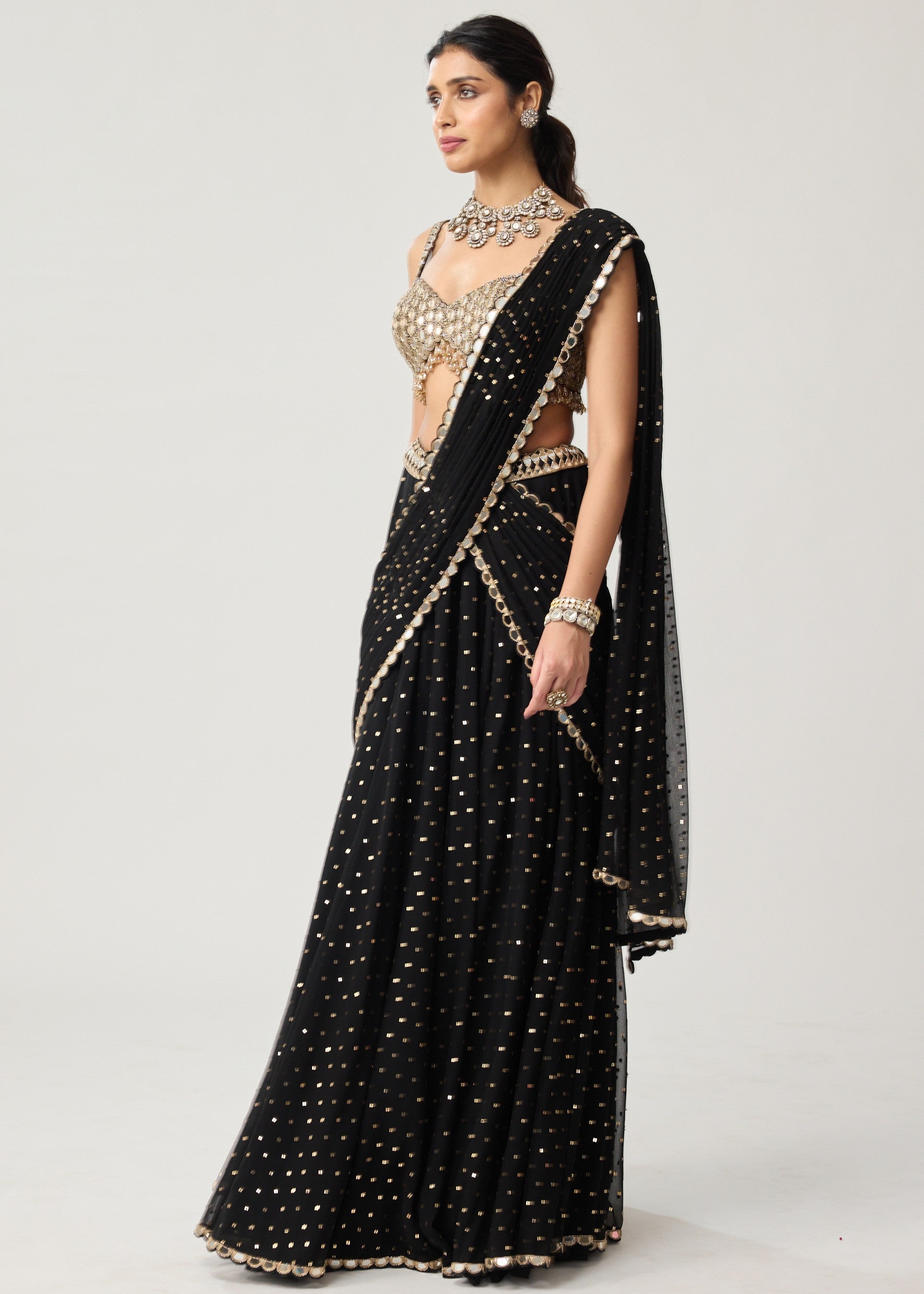 Black Georgette Flared Pants Sari Set