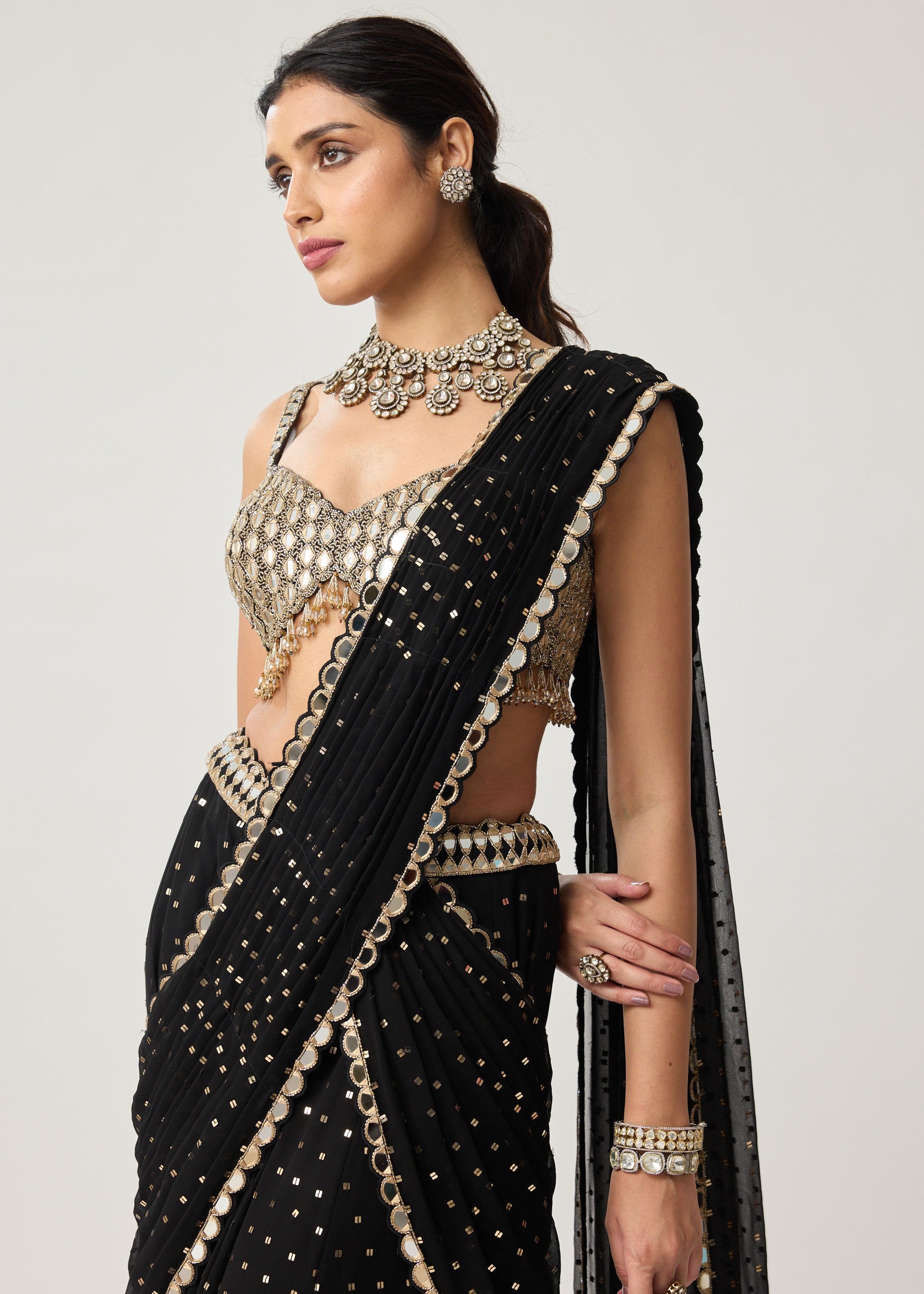 Black Georgette Flared Pants Sari Set