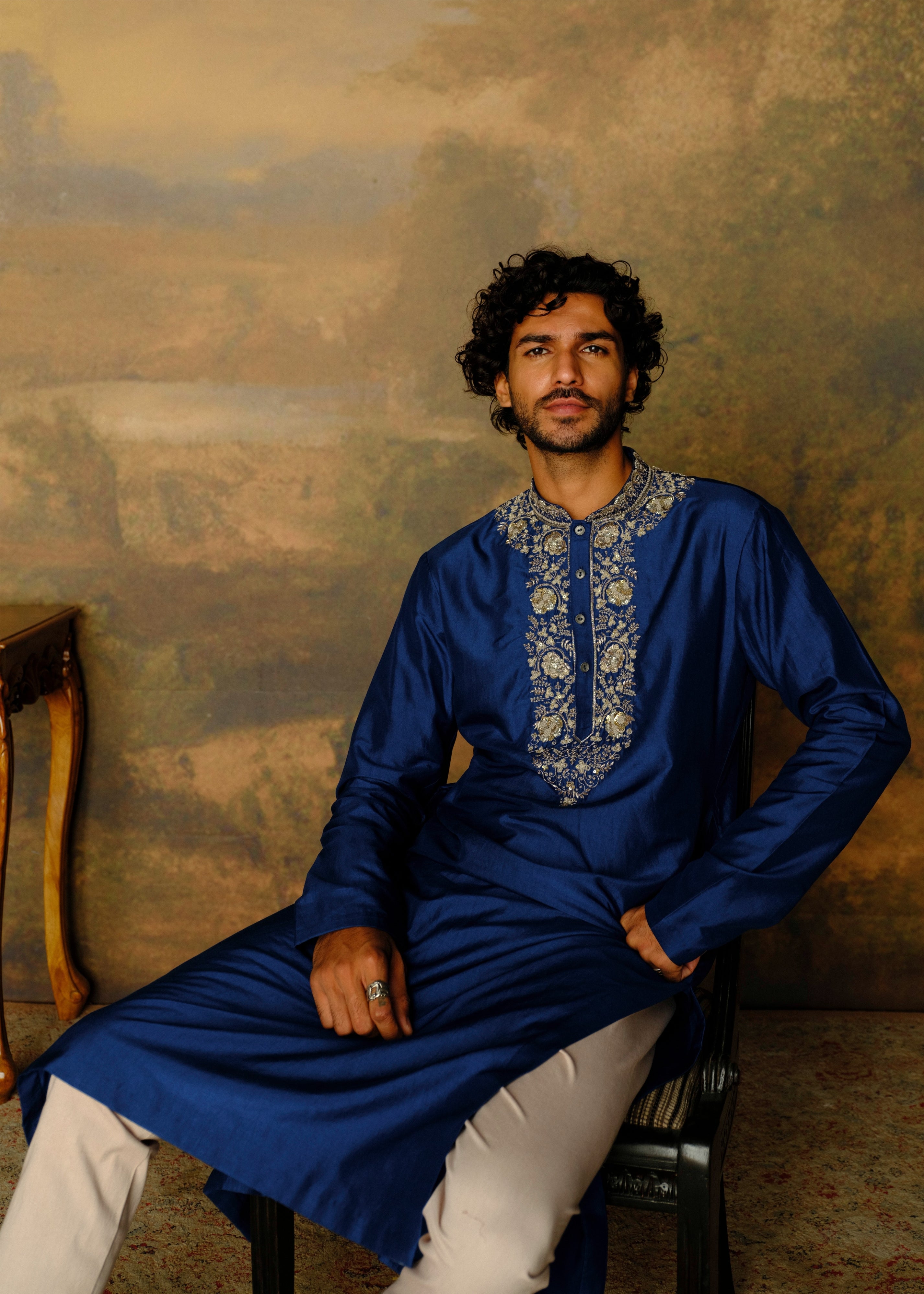 Navy Blue Embroidered Kurta Set