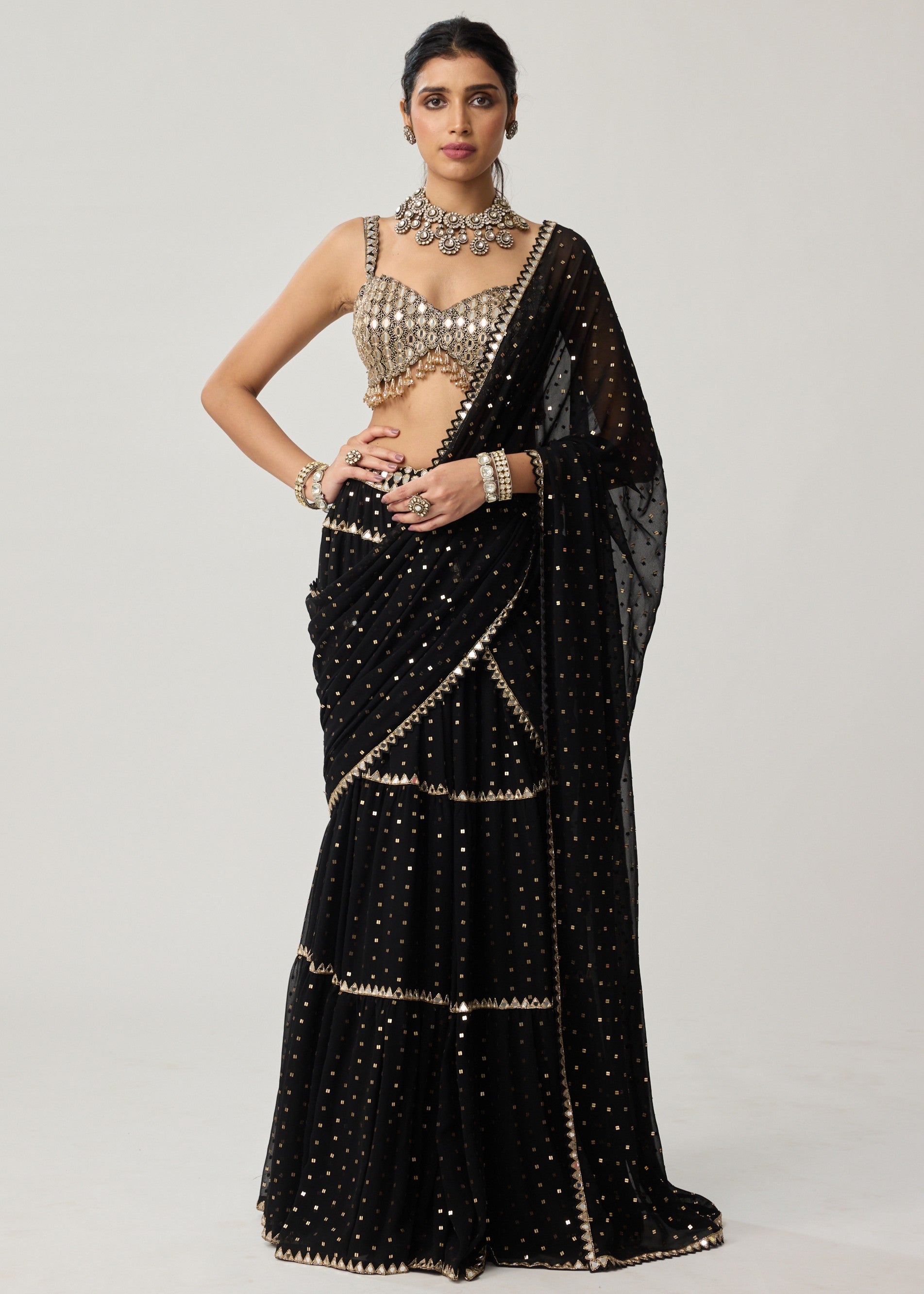 Black Georgette Multi-tier Sari Set