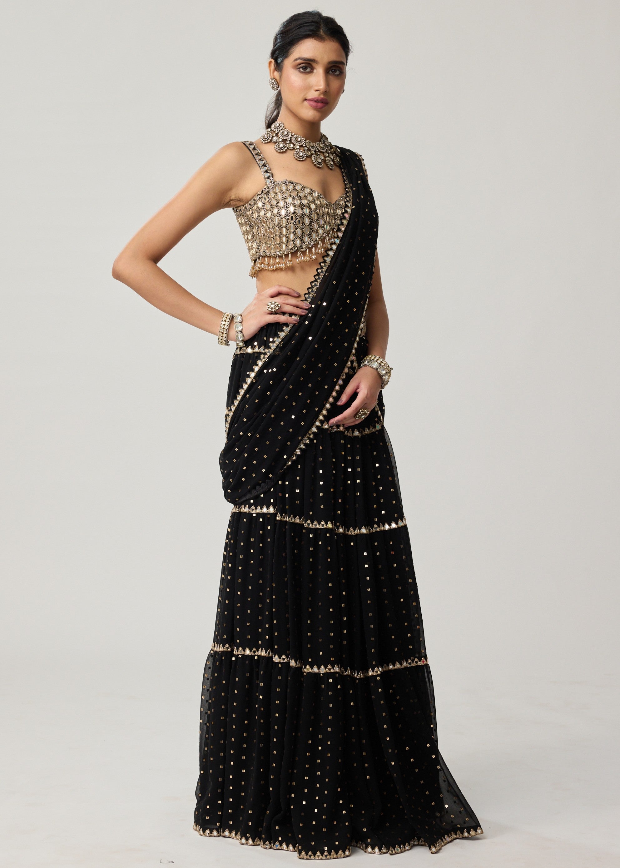 Black Georgette Multi-tier Sari Set