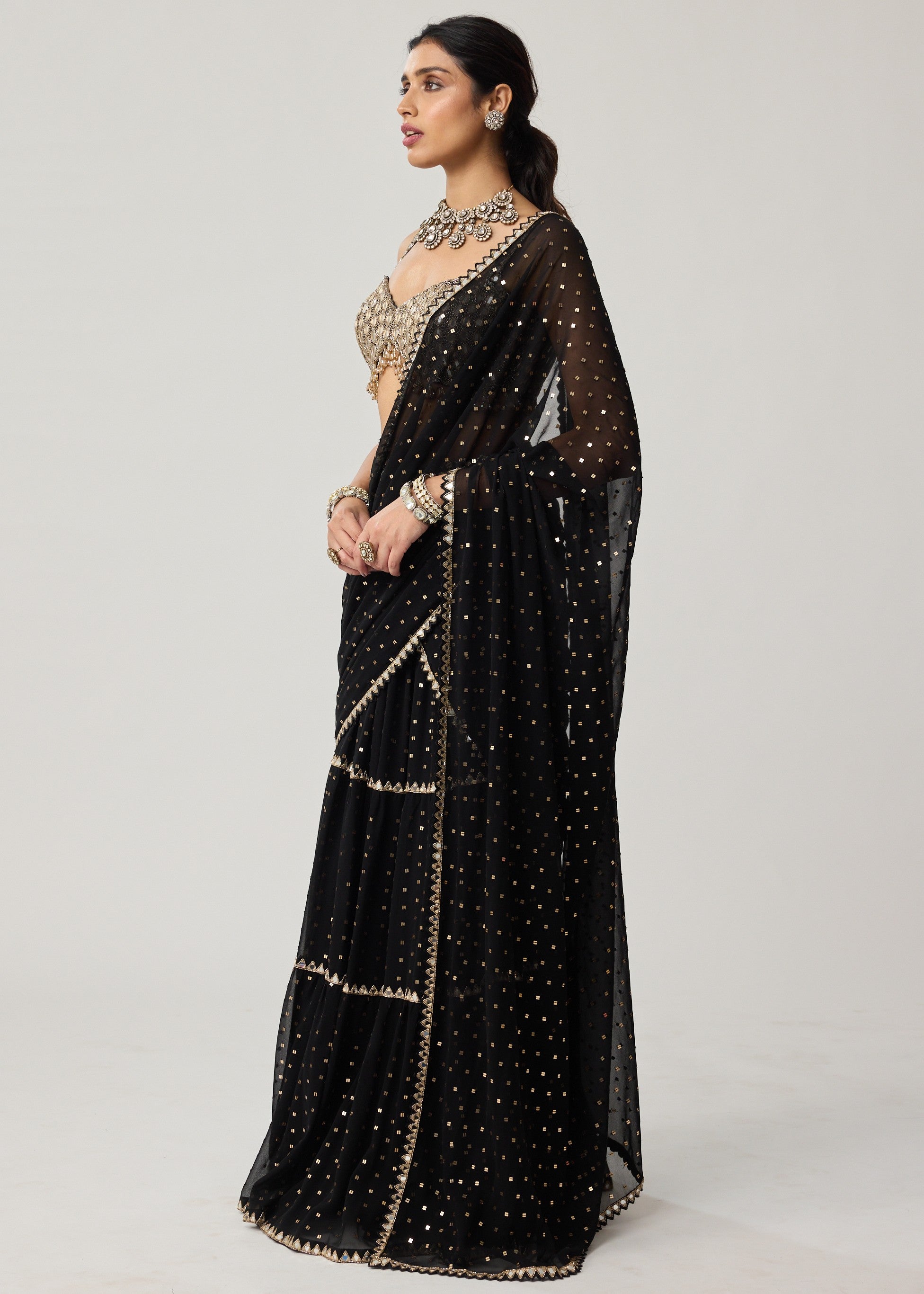 Black Georgette Multi-tier Sari Set