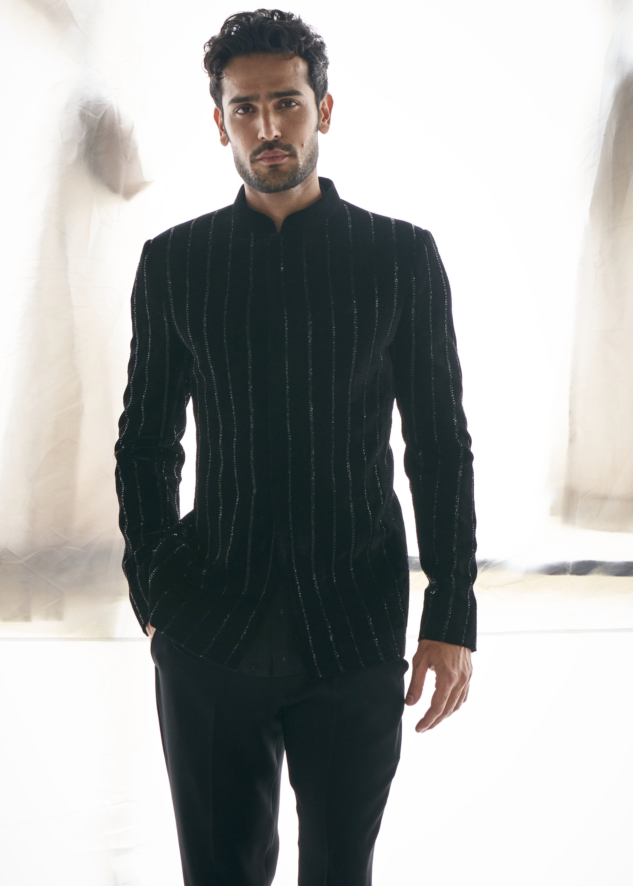 Black Velvet Cutdana Stripe Bandhgala