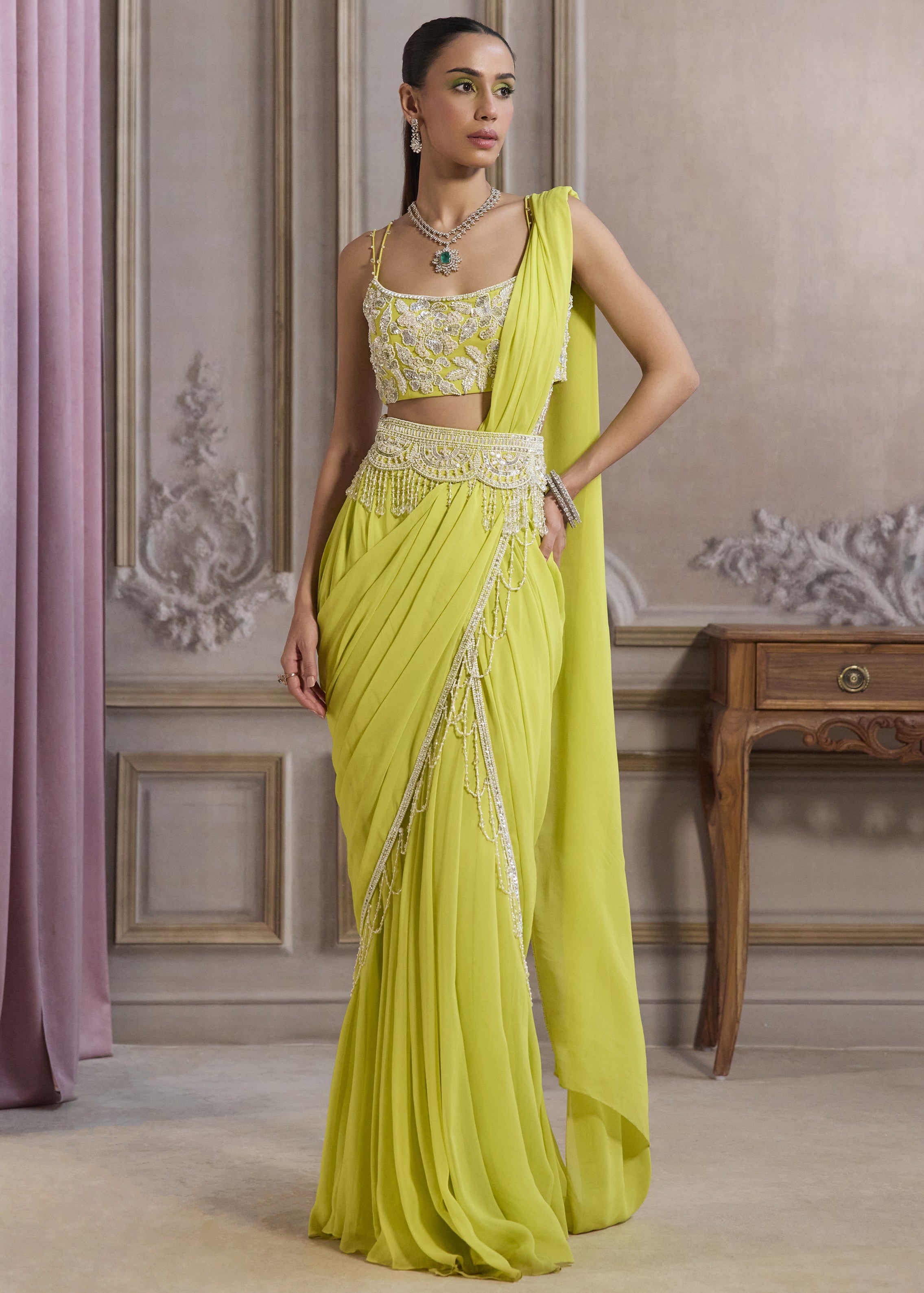 Neon Green Pre-draped Sari With Bustier And Embroidered Belt