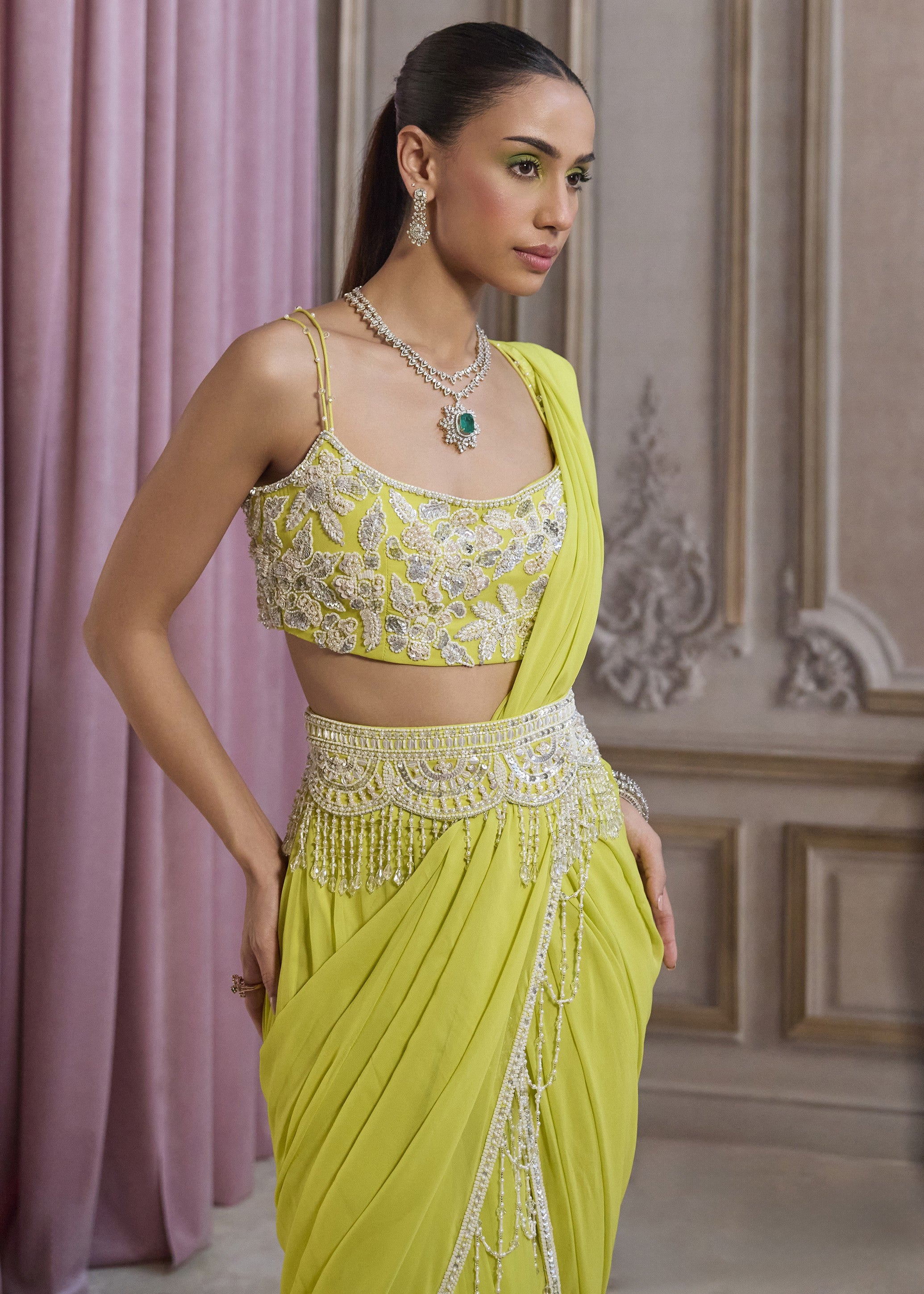 Neon Green Pre-draped Sari With Bustier And Embroidered Belt