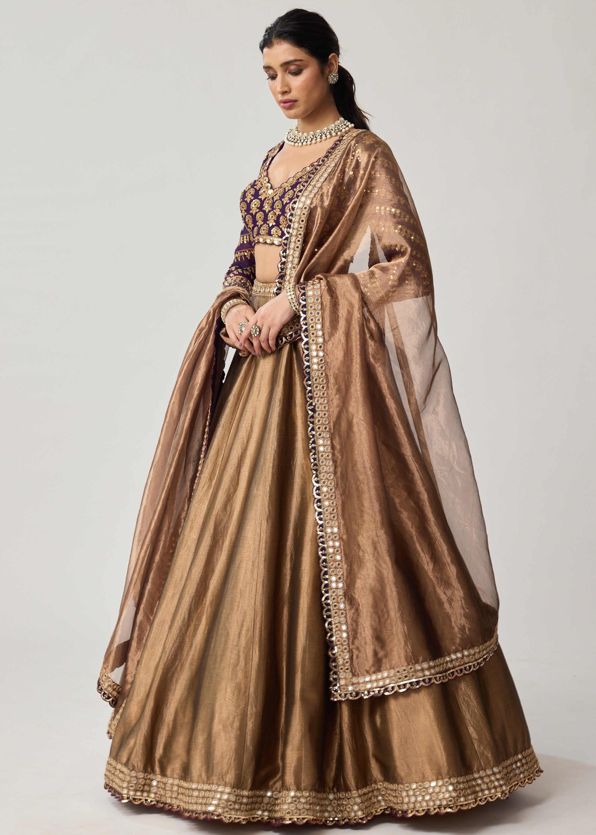 Copper Tissue Mughal Motif Lehenga Set