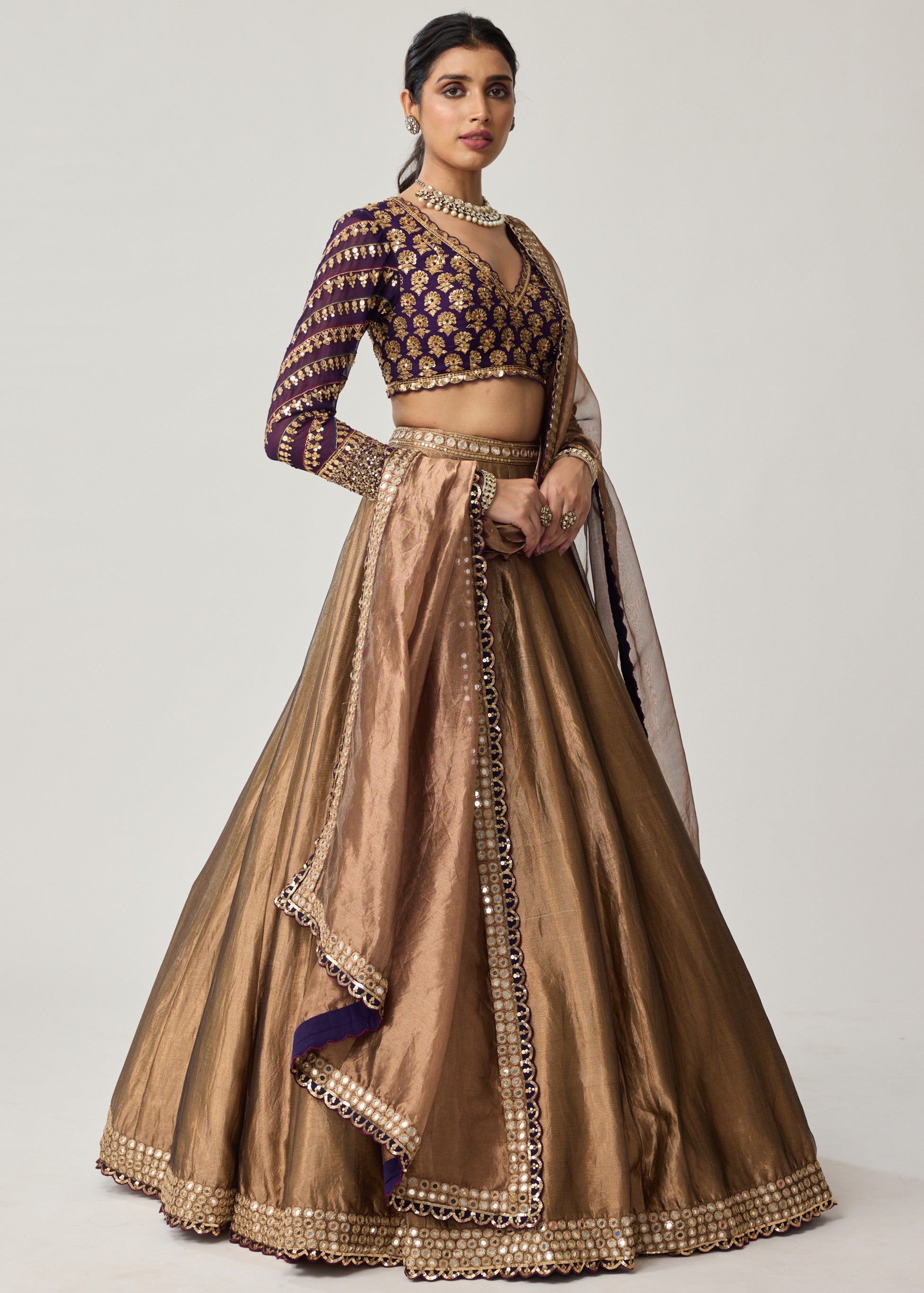 Copper Tissue Mughal Motif Lehenga Set