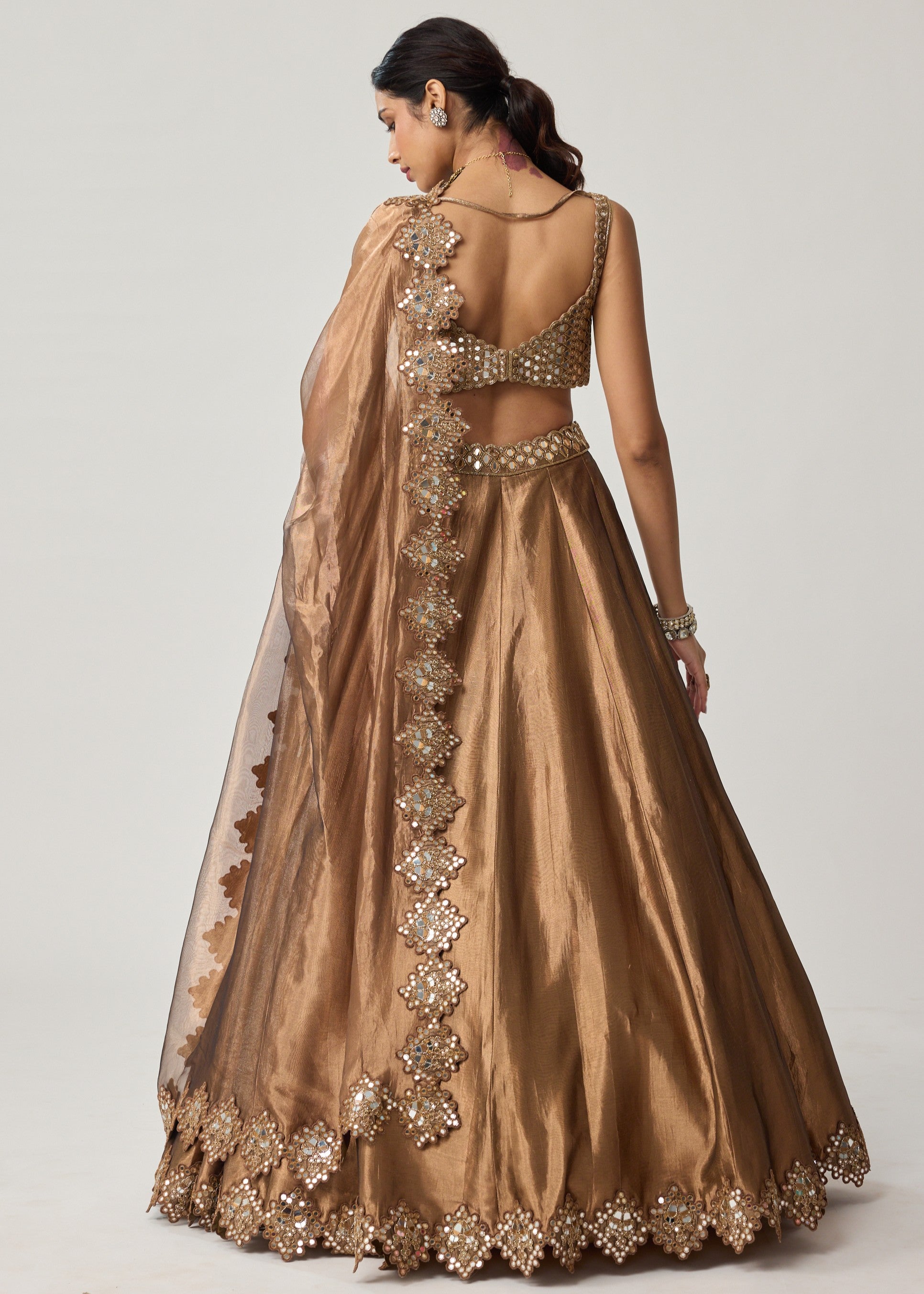 Copper Tissue Mirror Geometry Lehenga Set