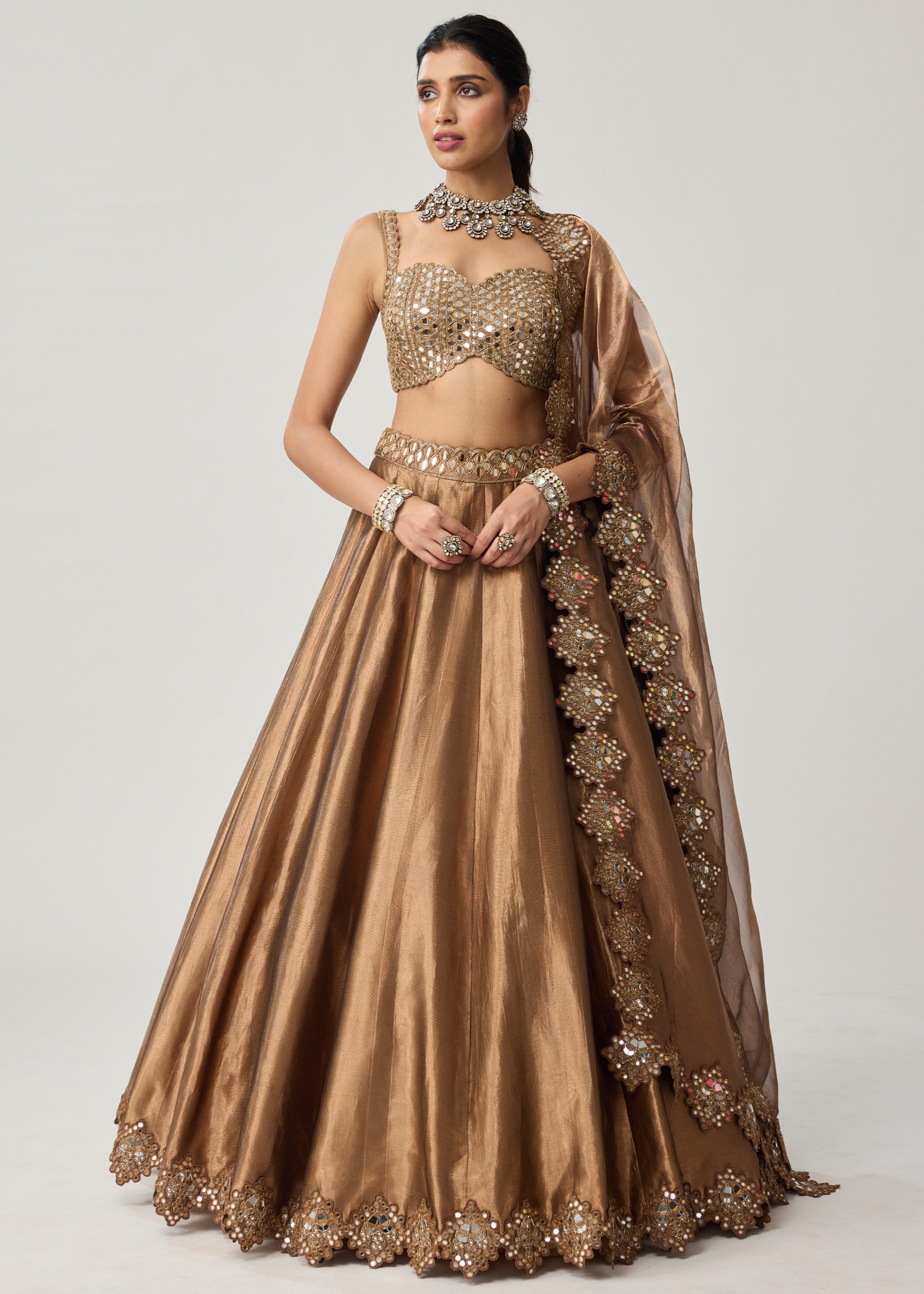 Copper Tissue Mirror Geometry Lehenga Set