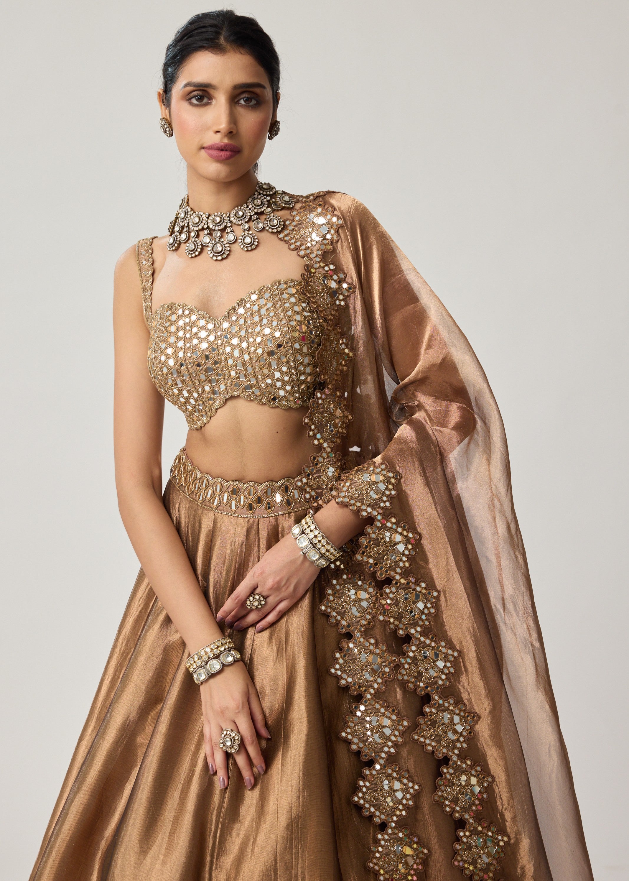 Copper Tissue Mirror Geometry Lehenga Set