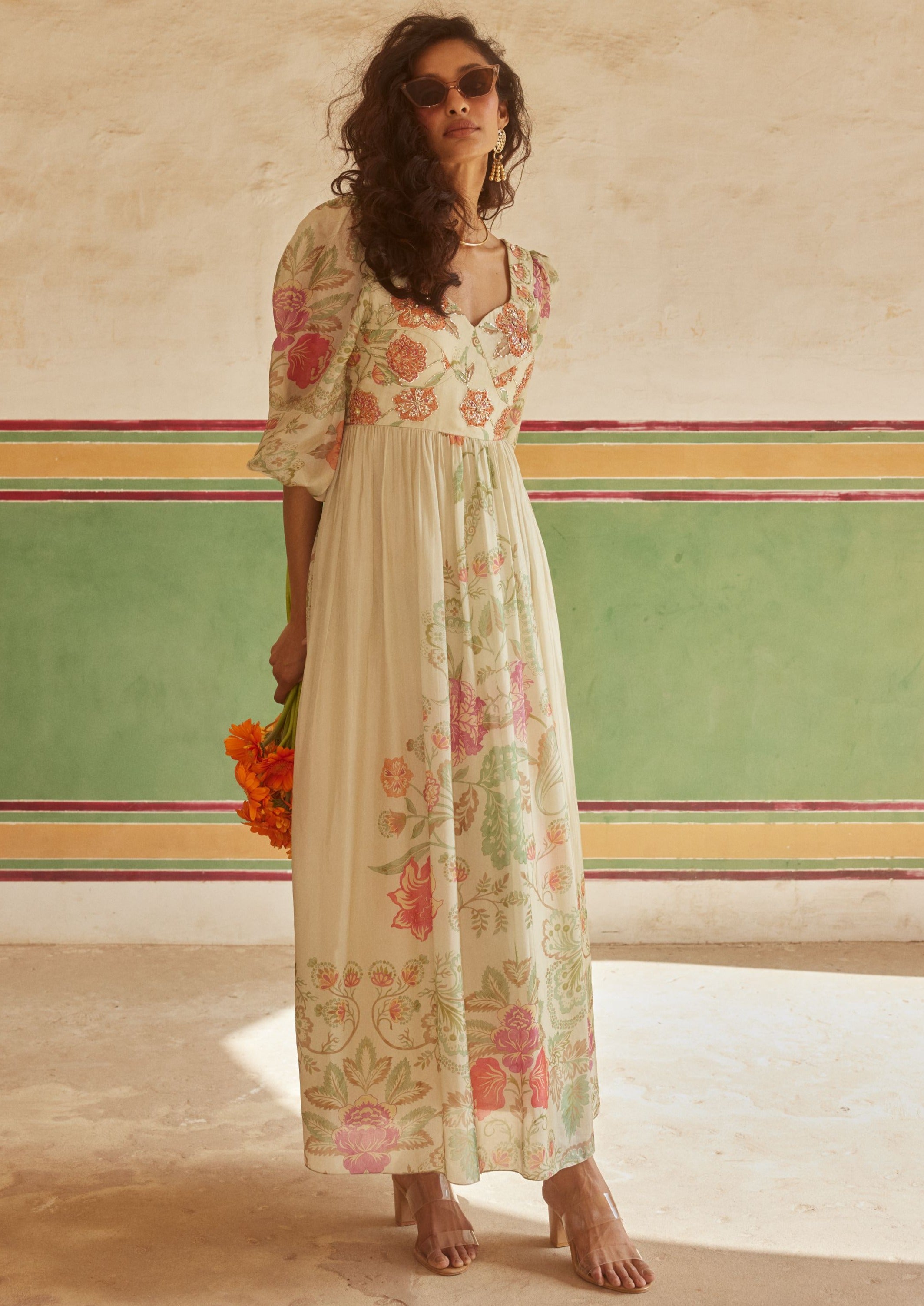 Elegant Floral Printed Corset Maxi Dress