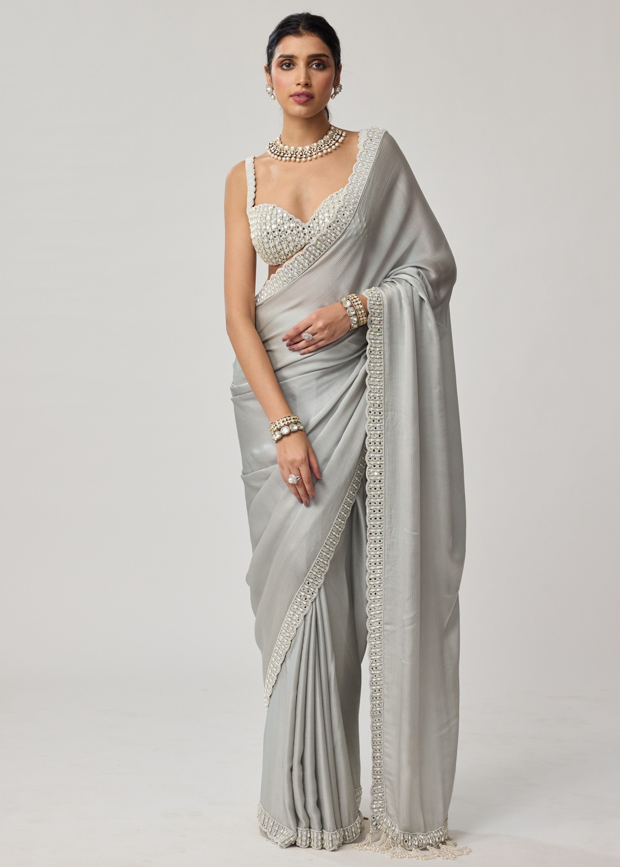 Powder Grey Chiffon Pearl And Mirror Sari Set