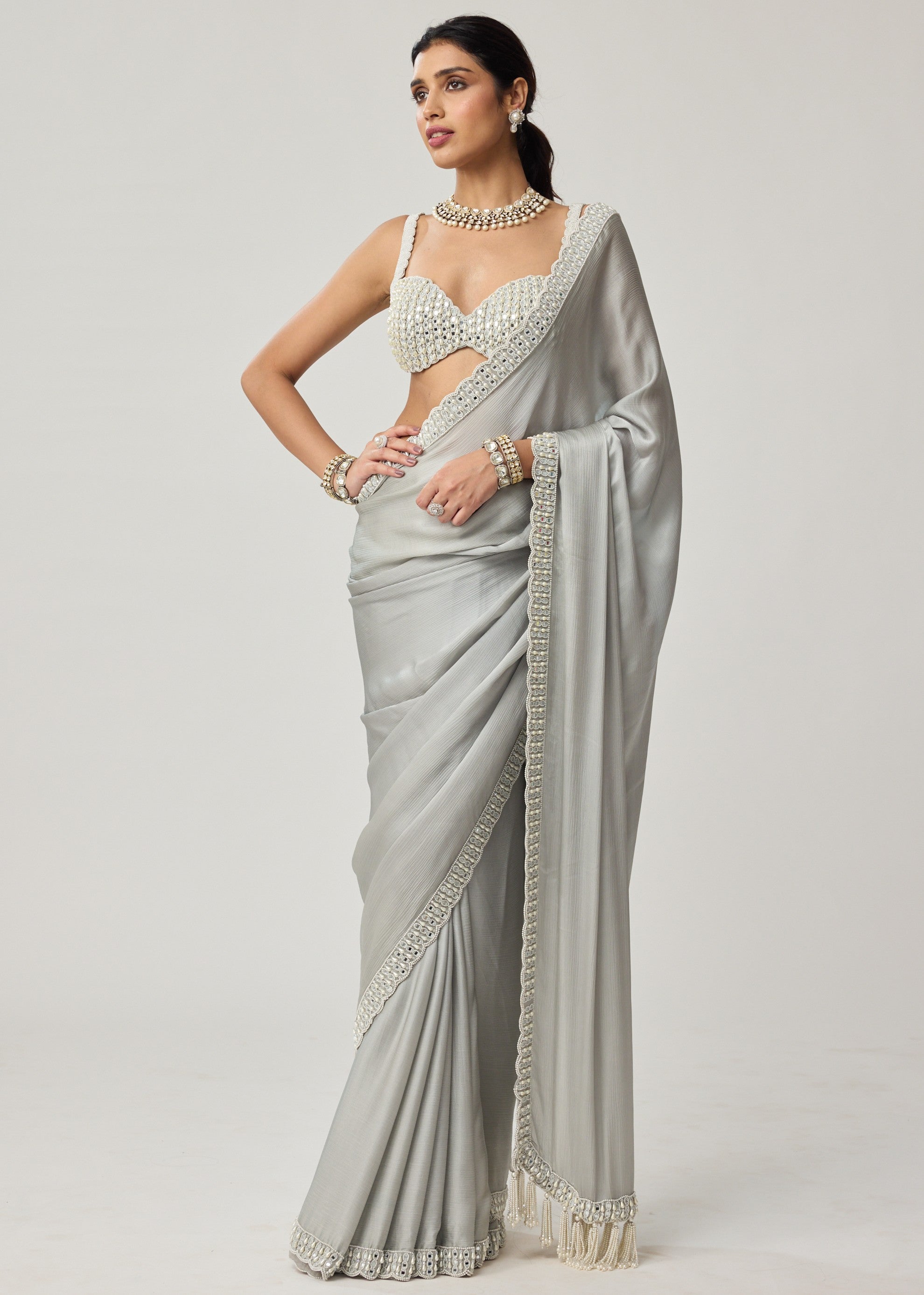 Powder Grey Chiffon Pearl And Mirror Sari Set
