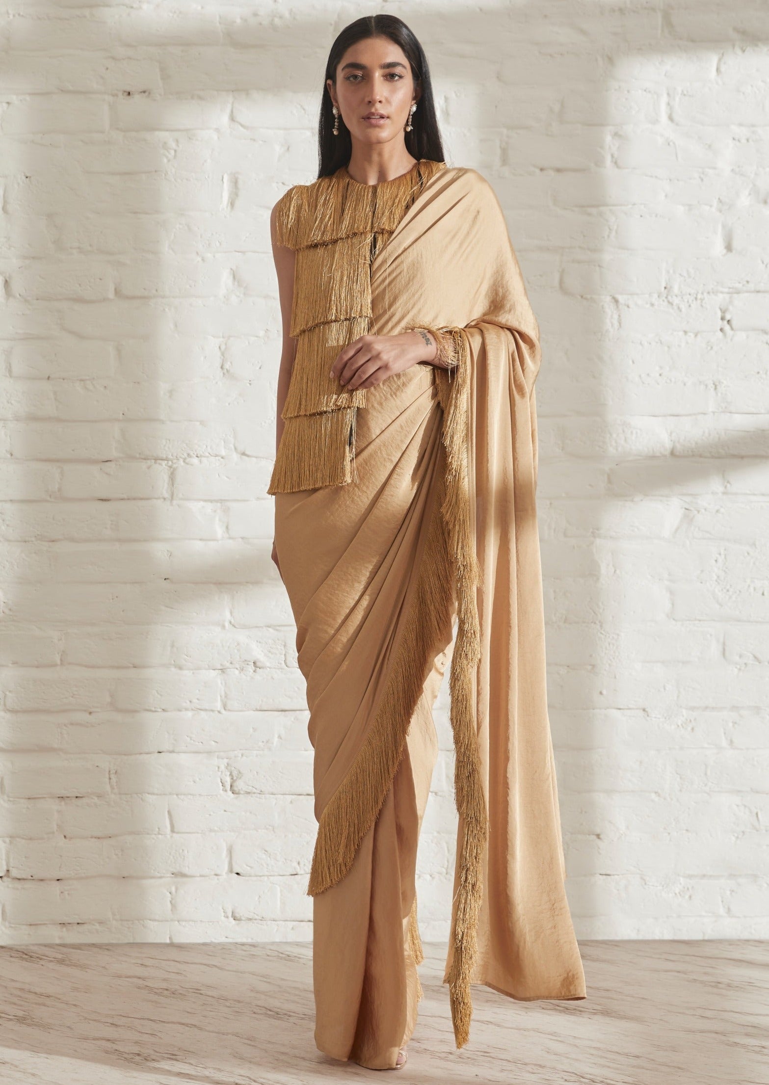 Gold Noor Fringe Sari with Sleeveless Fringe Jacket