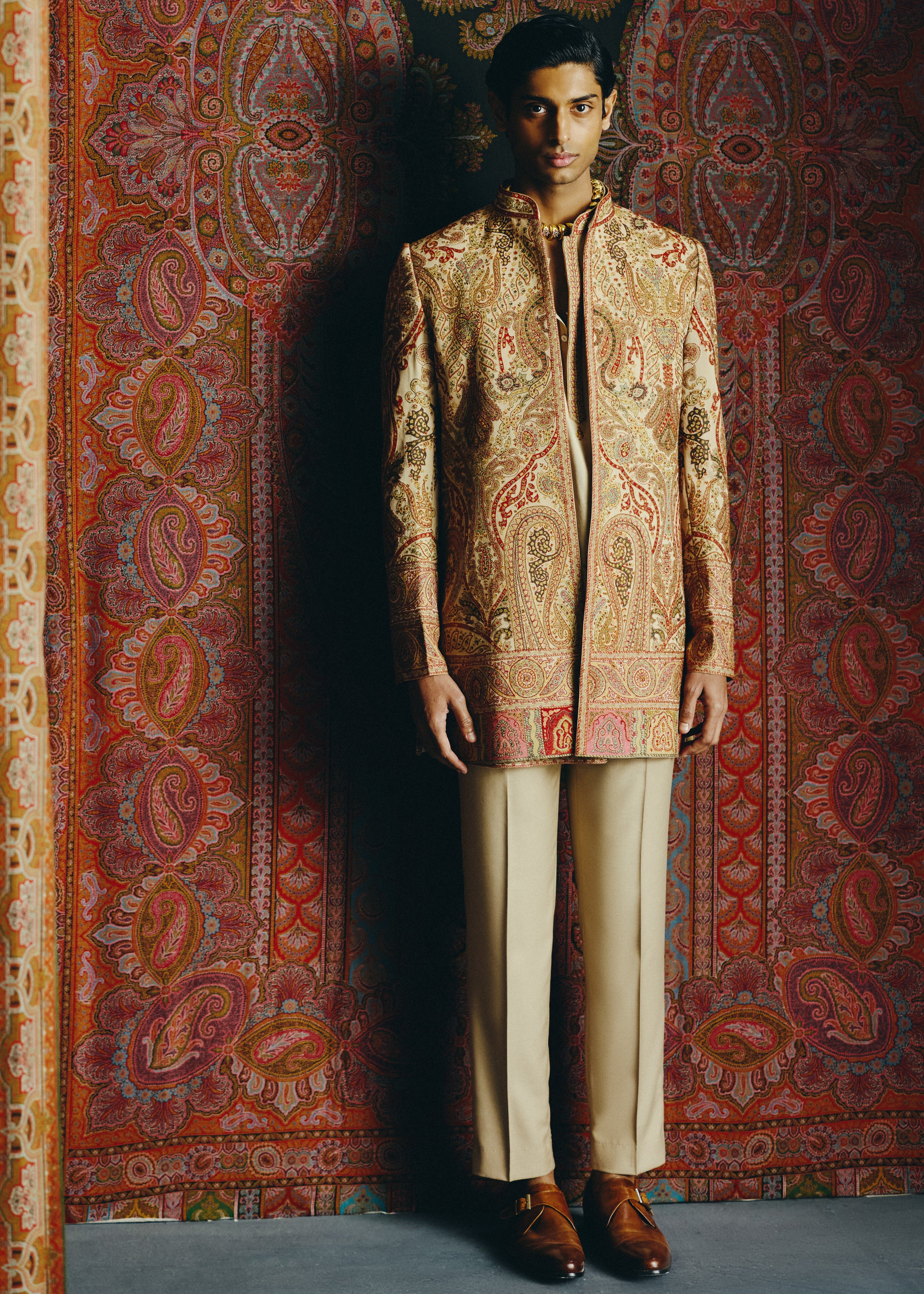 Saffron Kashida Open Jacket With Short Kurta And Trouser Set