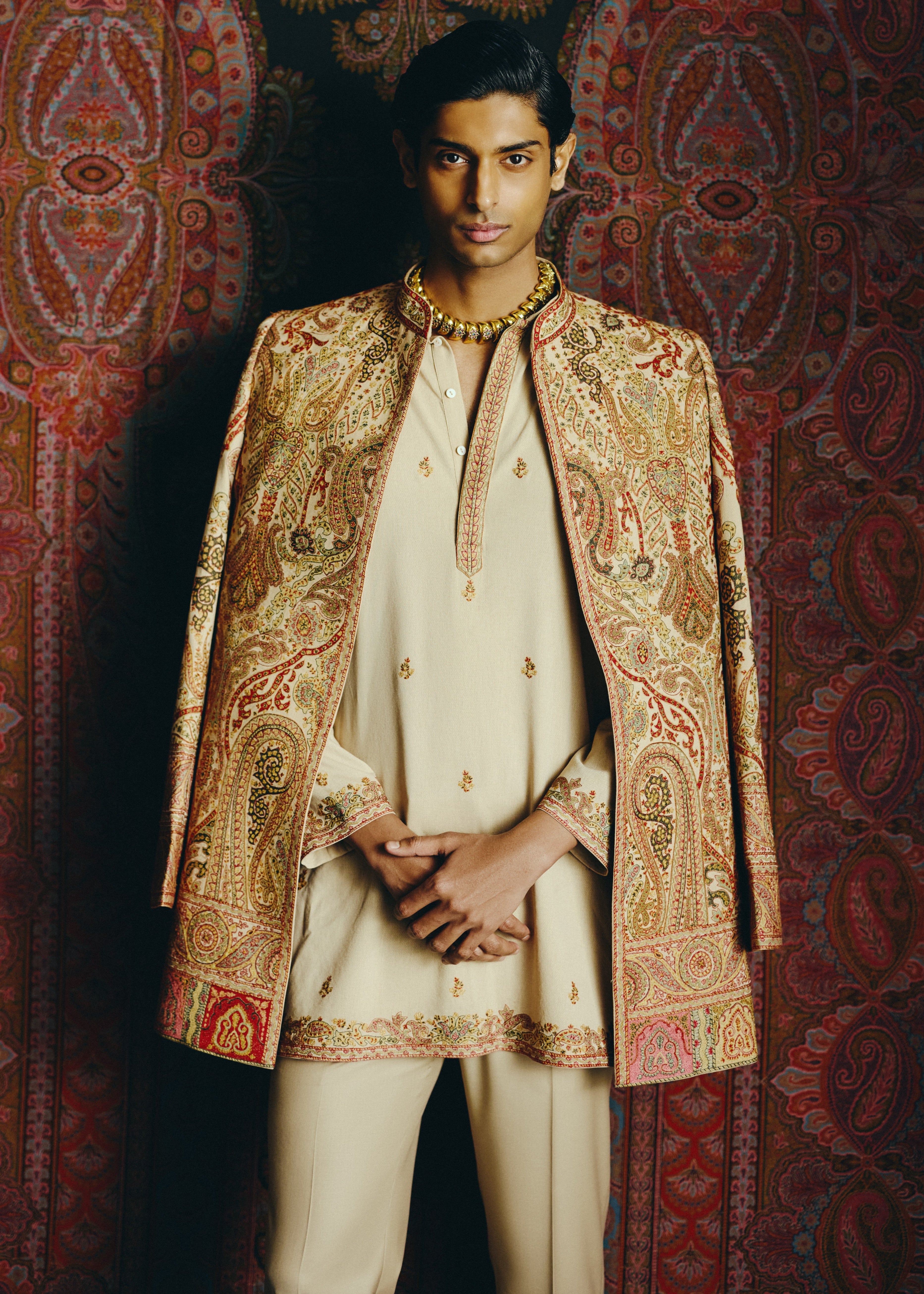 Saffron Kashida Open Jacket With Short Kurta And Trouser Set