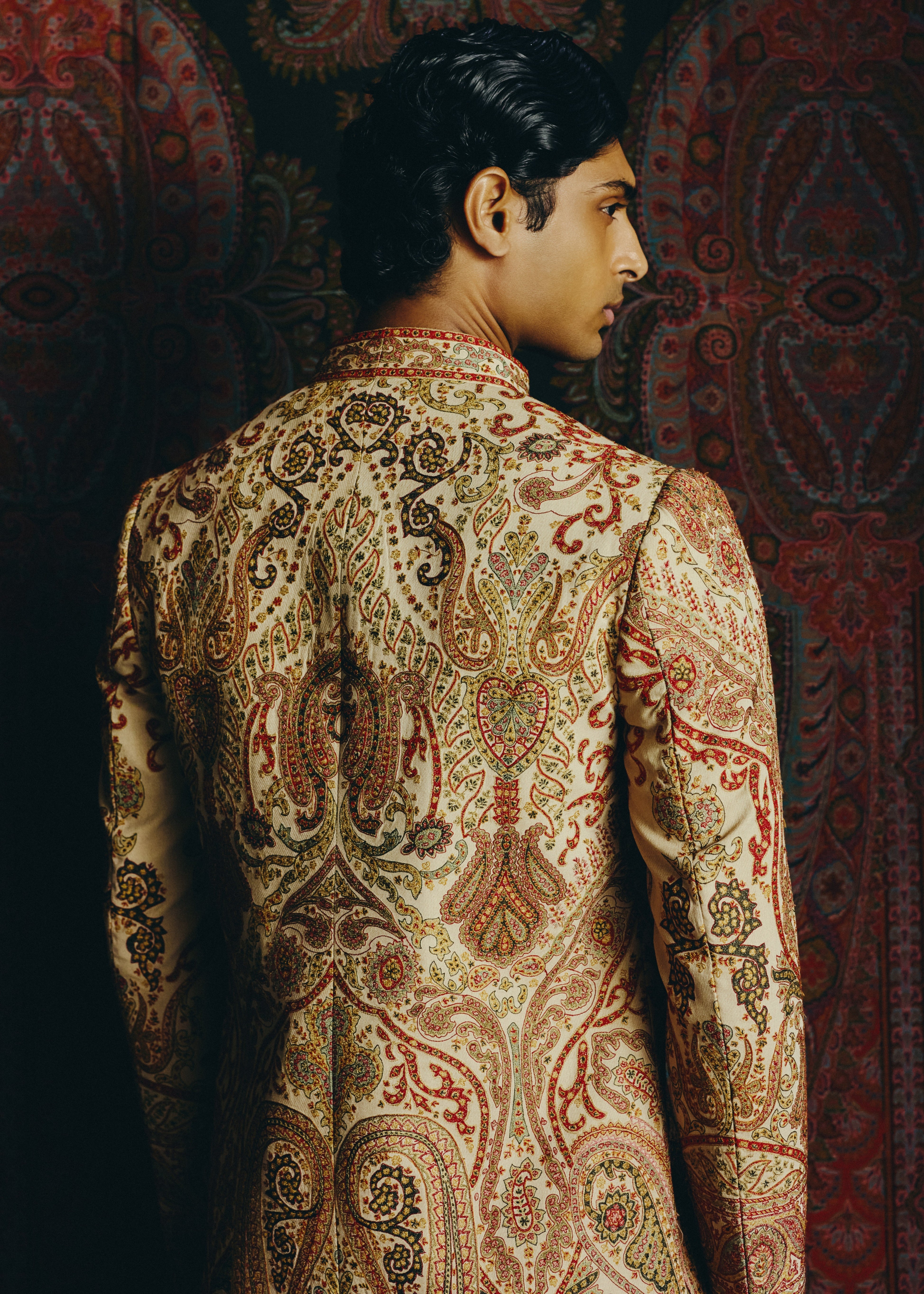 Saffron Kashida Open Jacket With Short Kurta And Trouser Set