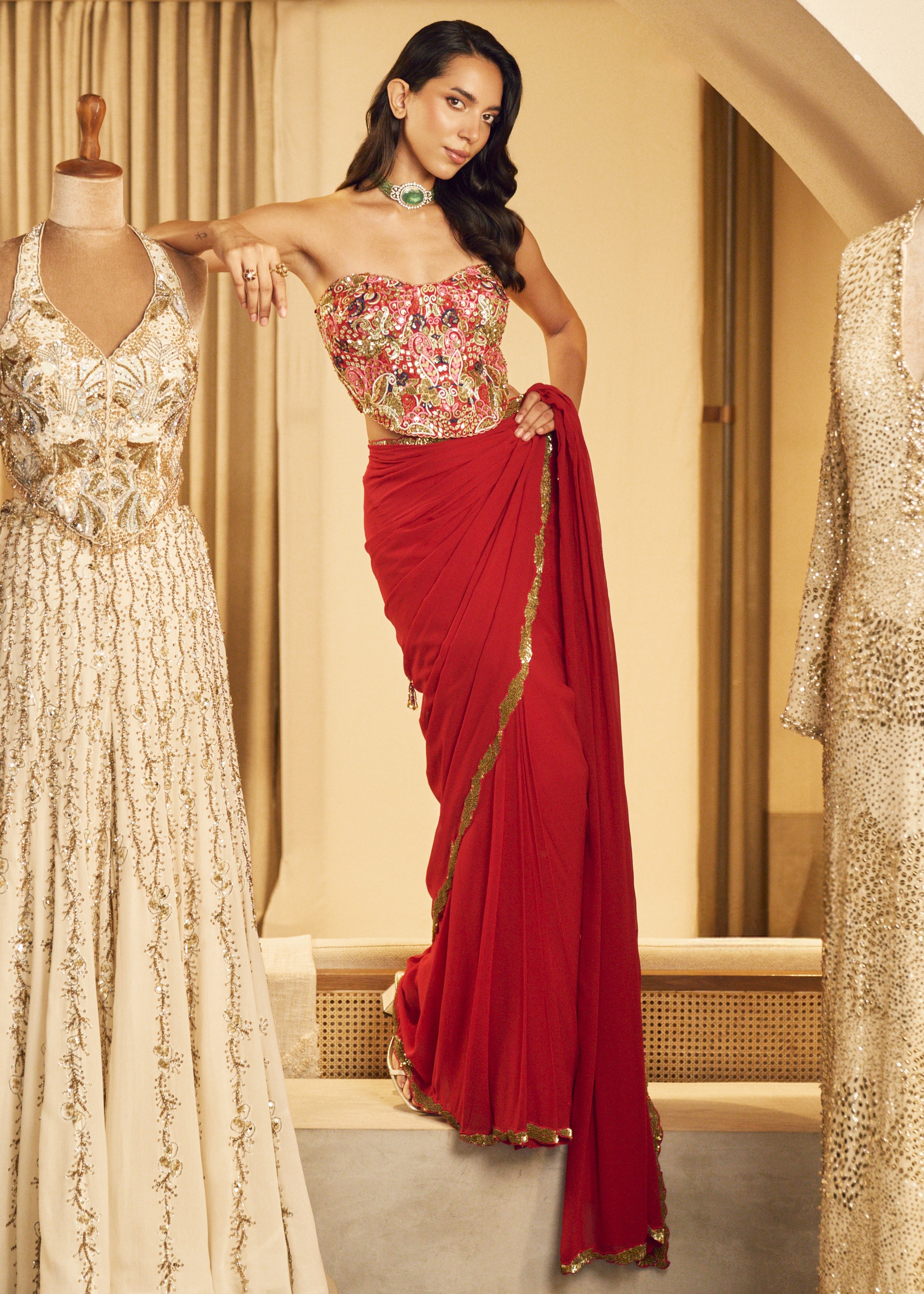 Red Pre-Draped Sari Set with Corset Blouse