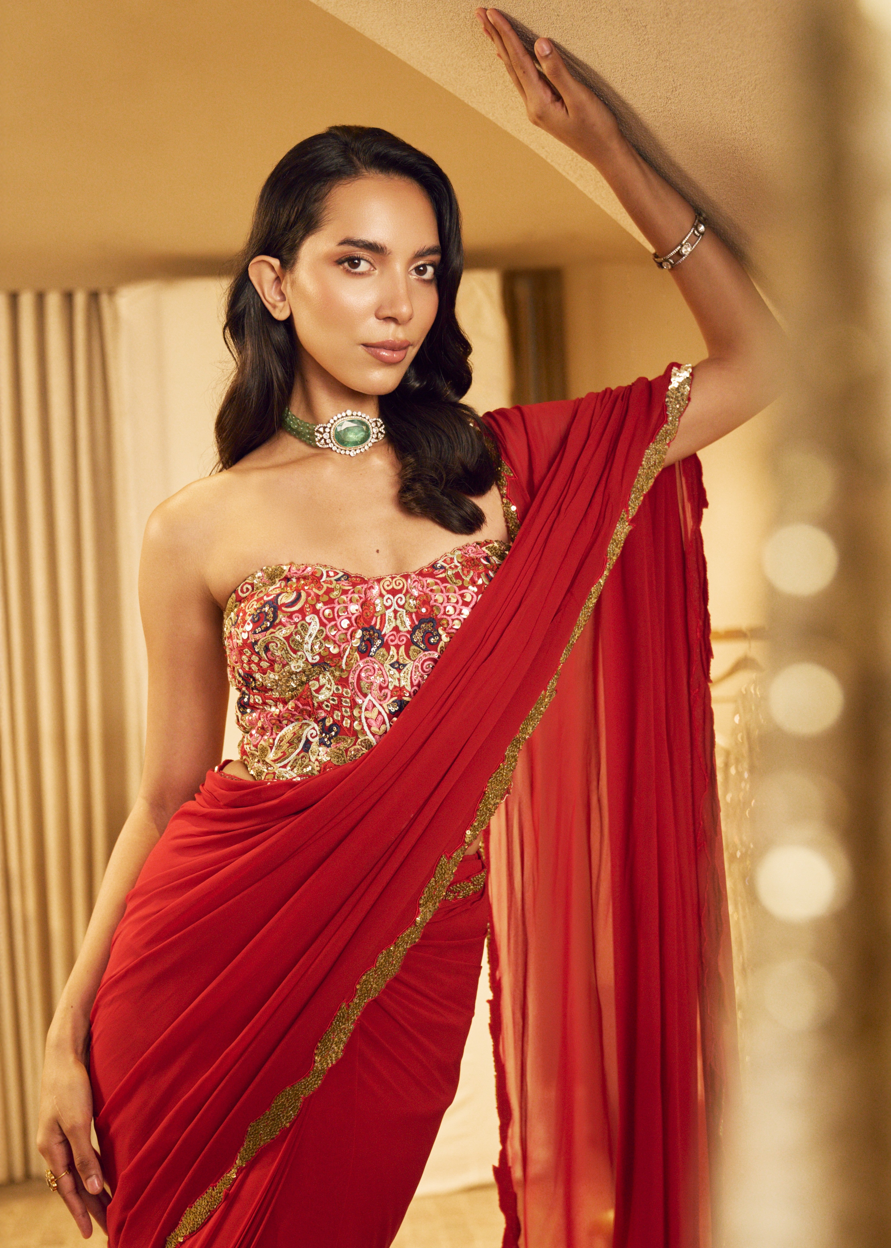 Red Pre-Draped Sari Set with Corset Blouse