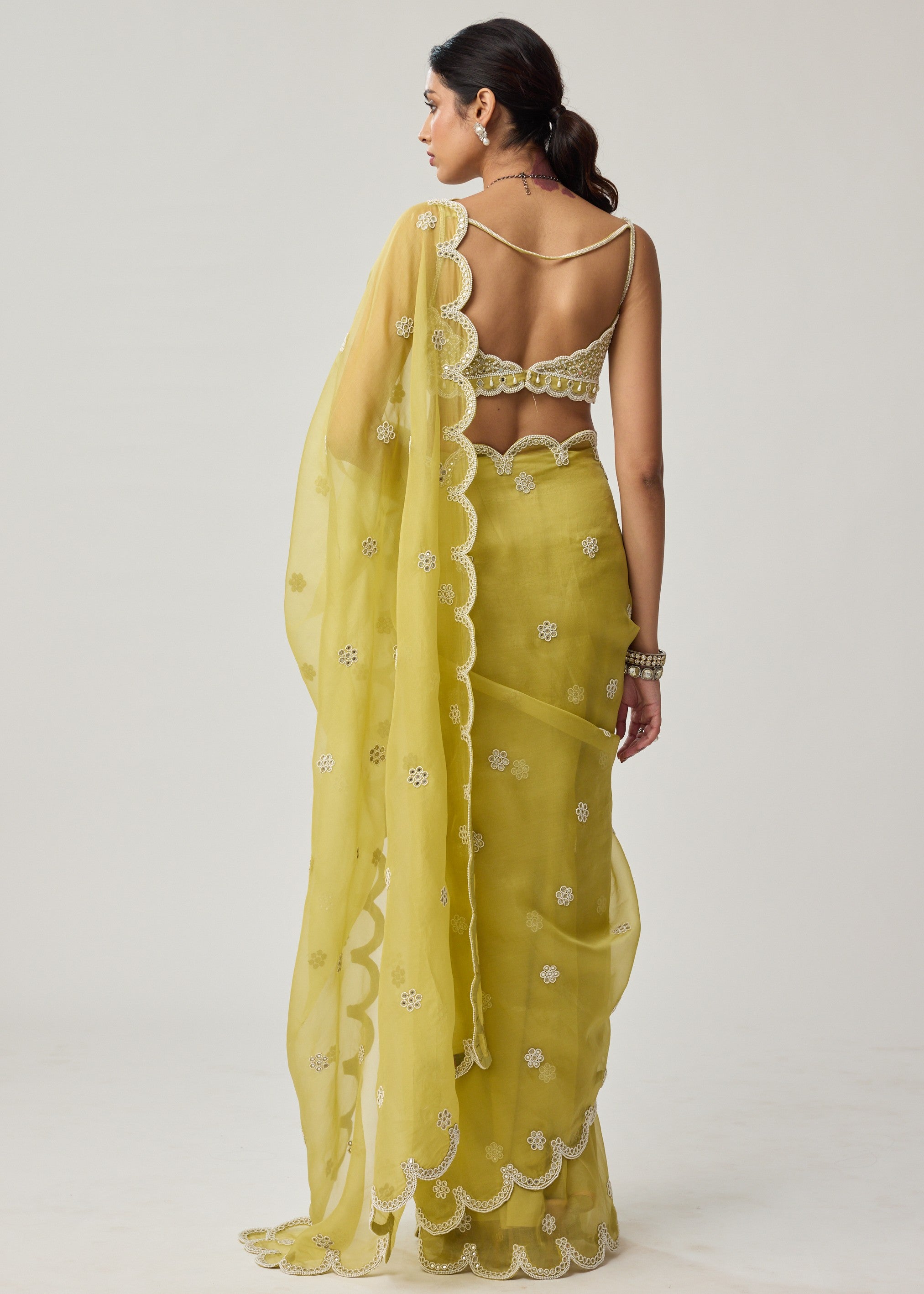 Fern Green Organza Mirror And Pearl Sari Set