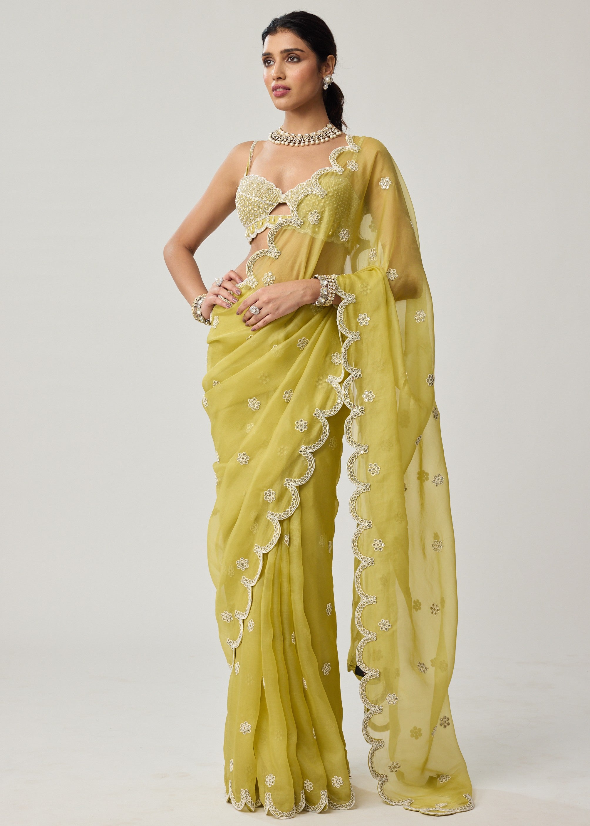 Fern Green Organza Mirror And Pearl Sari Set