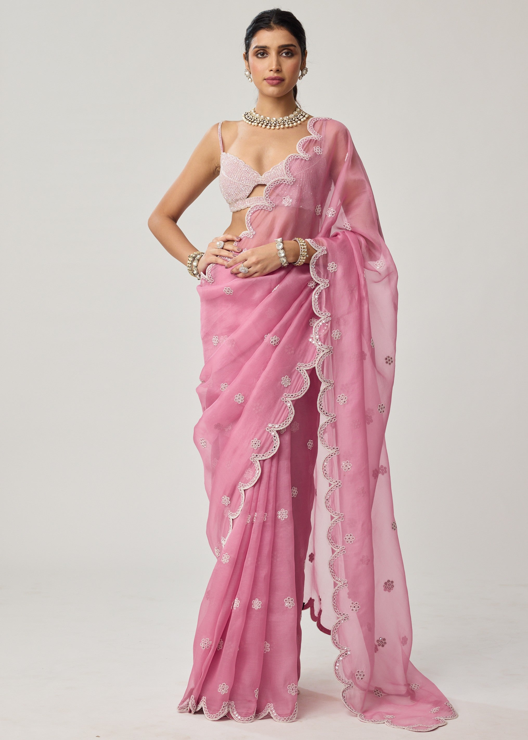 Onion Pink Organza Pearl Sari Set