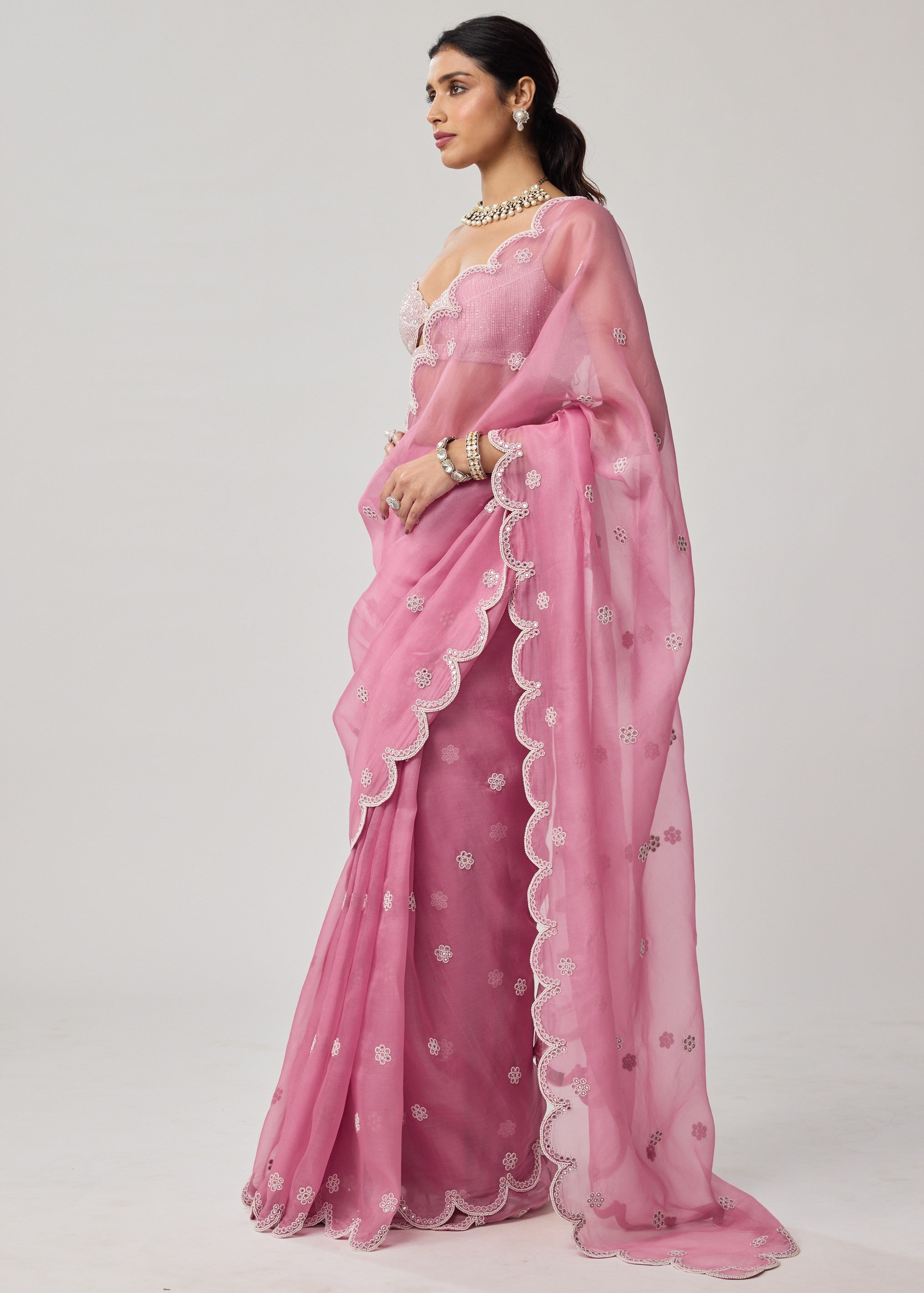 Onion Pink Organza Pearl Sari Set