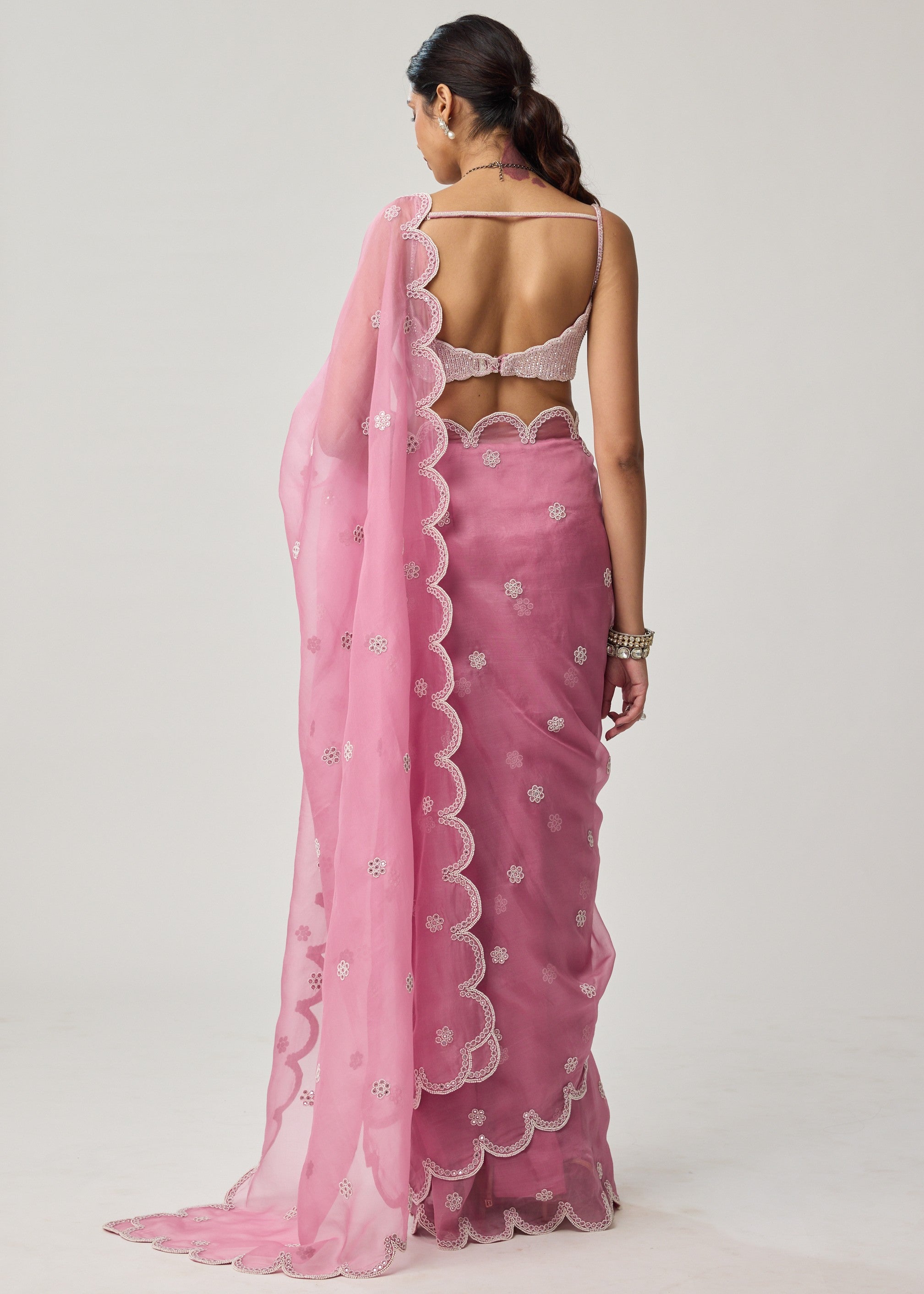 Onion Pink Organza Pearl Sari Set