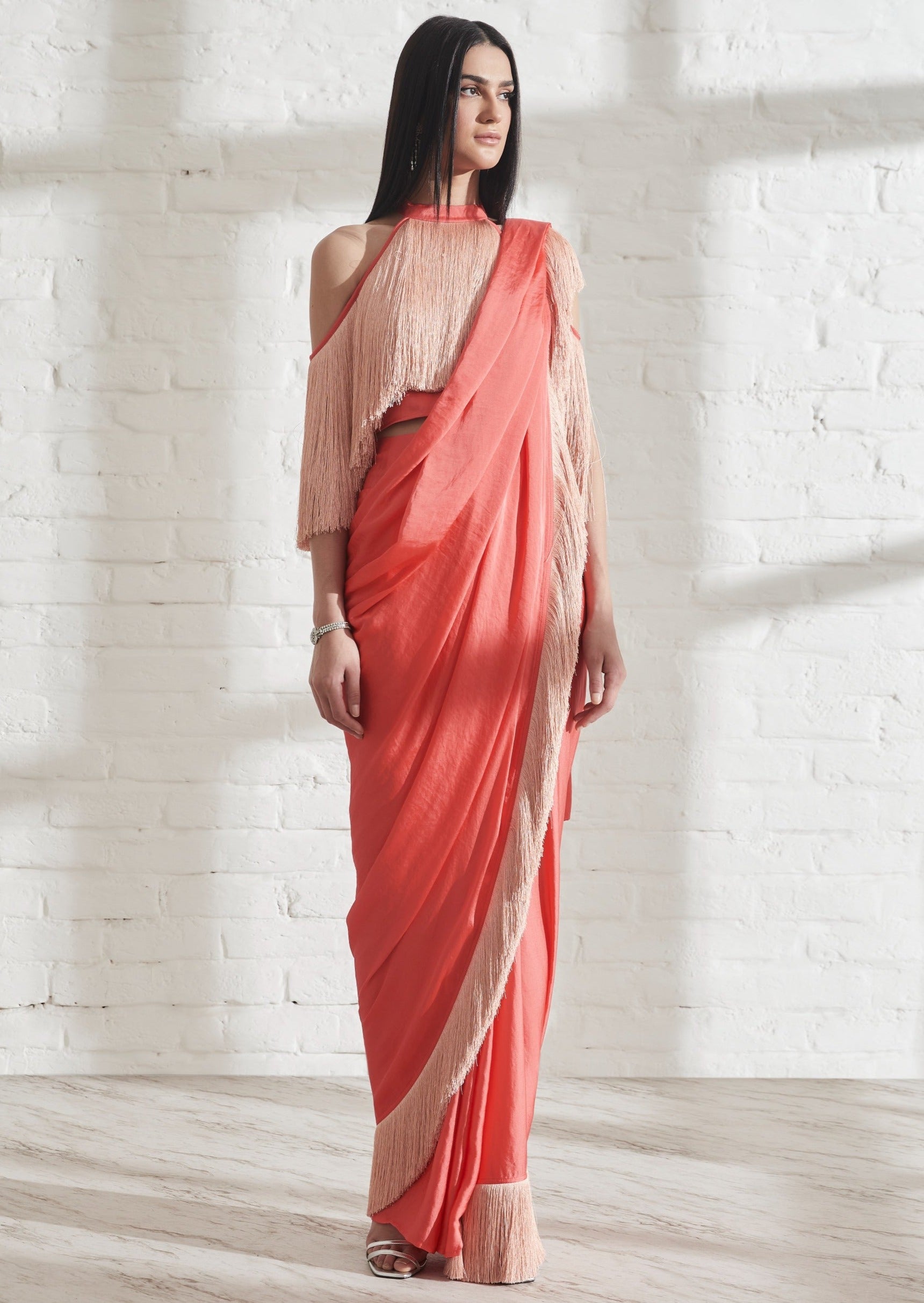 Blush Noor Fringe Sari with Halter Fringe Top