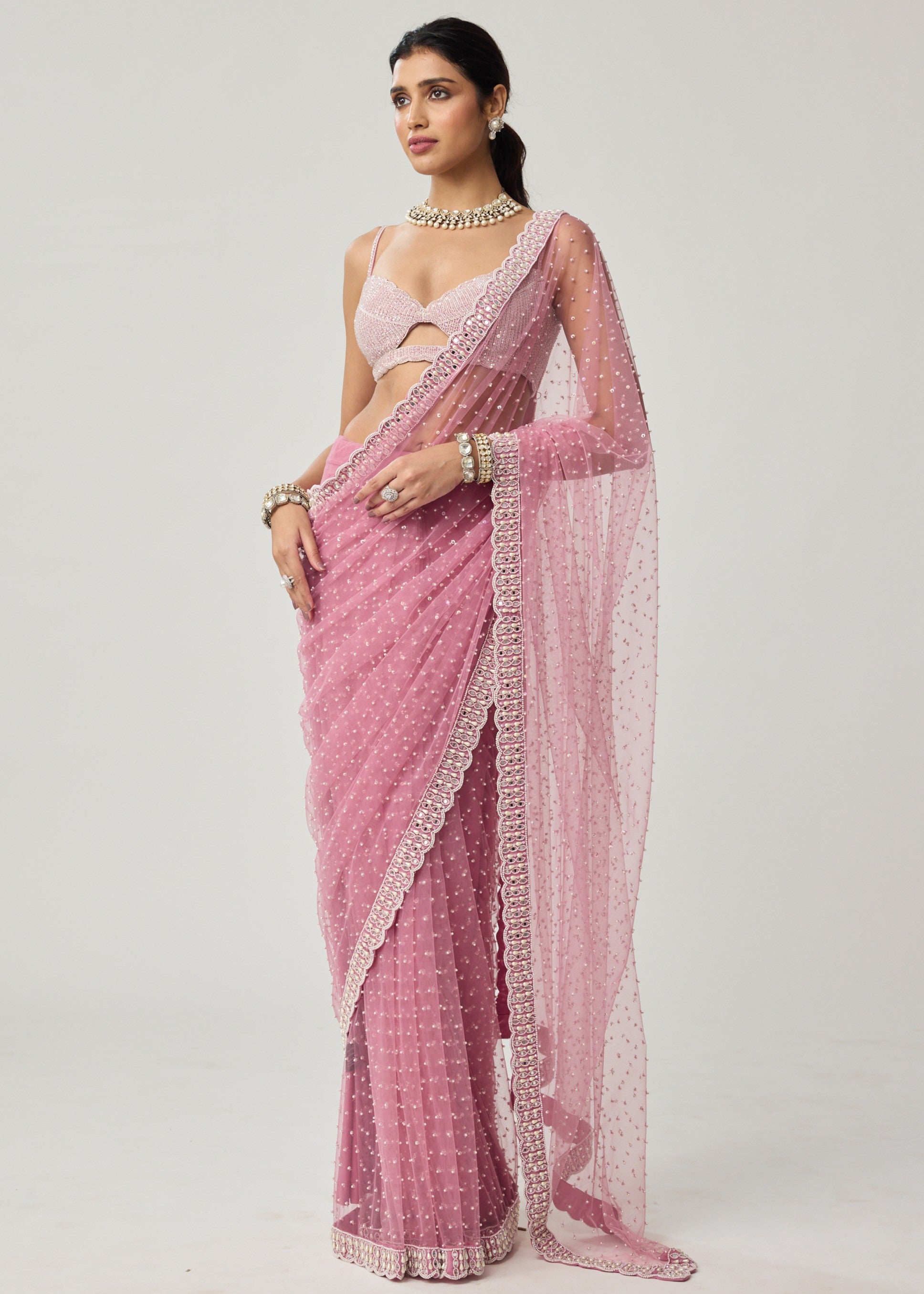 Onion Pink Pearl Scattered Net Sari Set