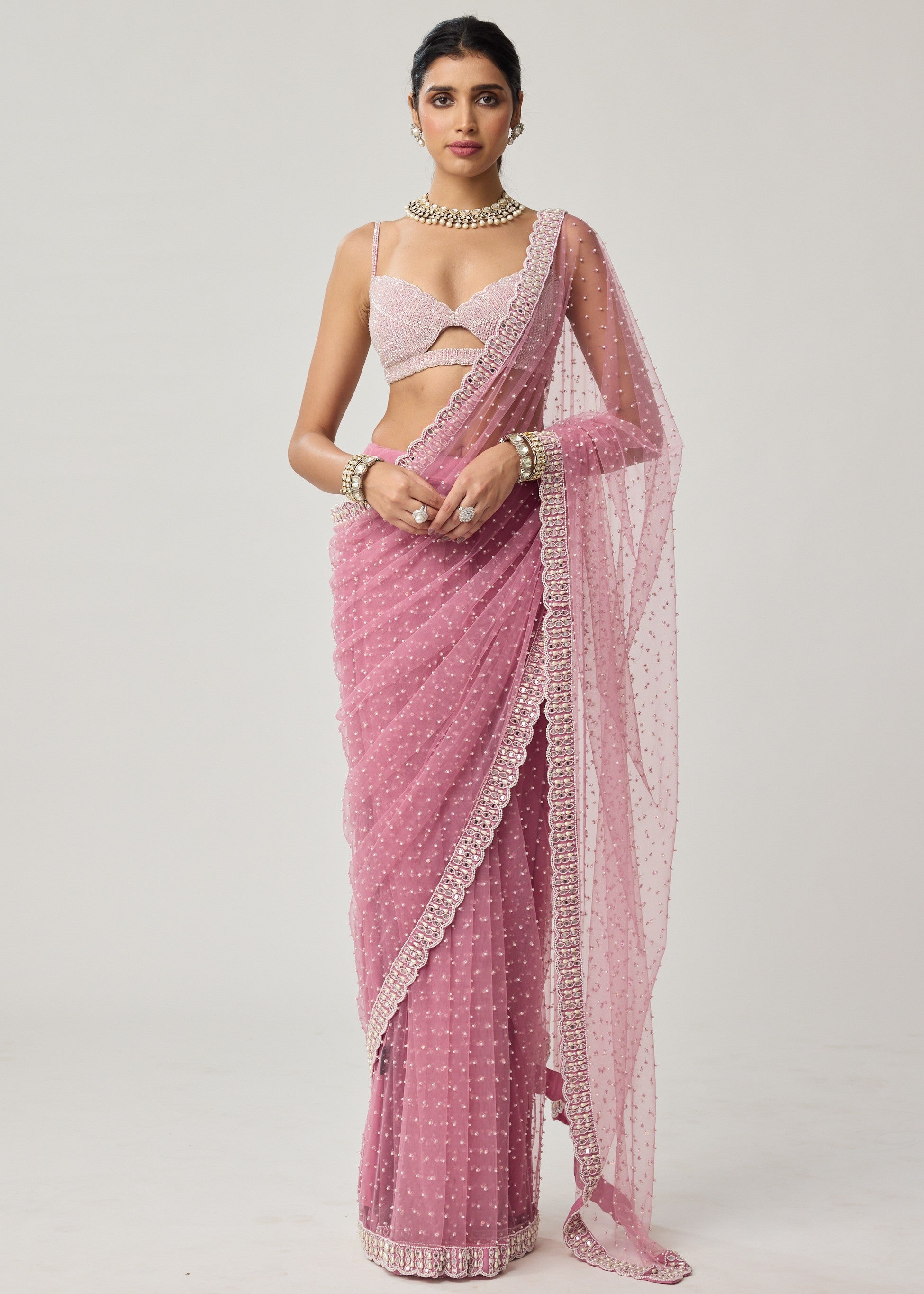 Onion Pink Pearl Scattered Net Sari Set