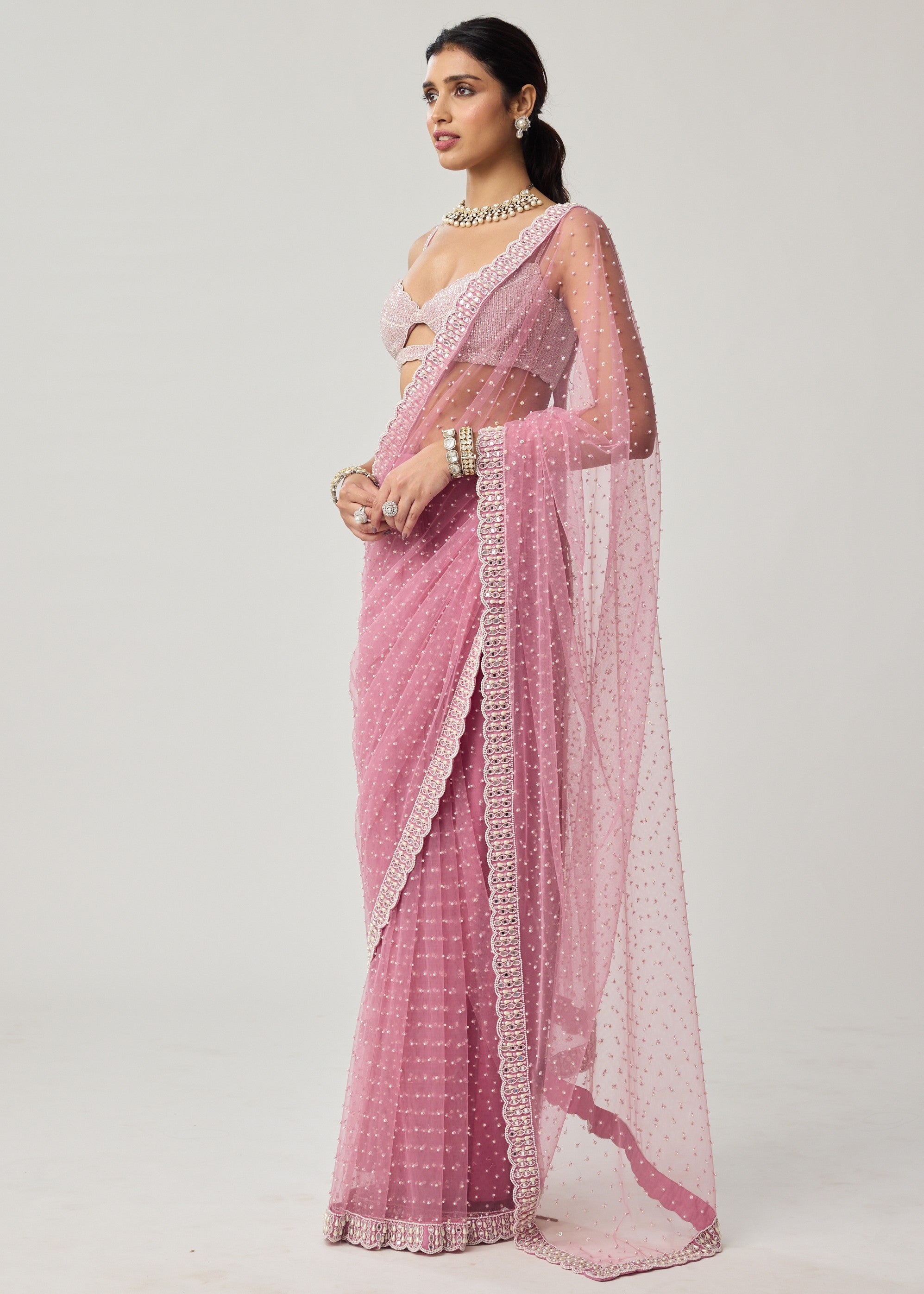 Onion Pink Pearl Scattered Net Sari Set