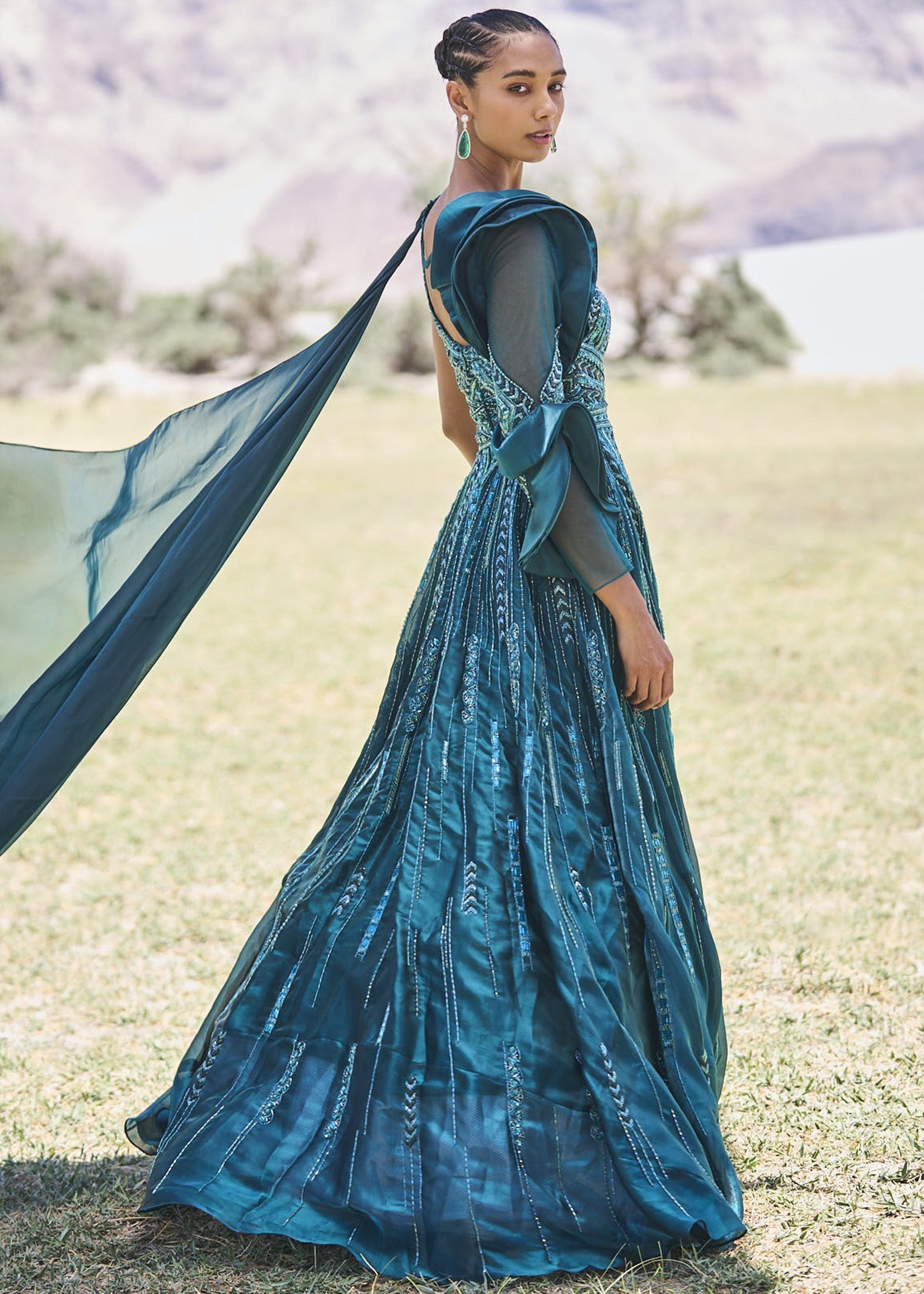 Peacock Green Embroidered Frill Gown Peacock Green Embroidered Frill Gown