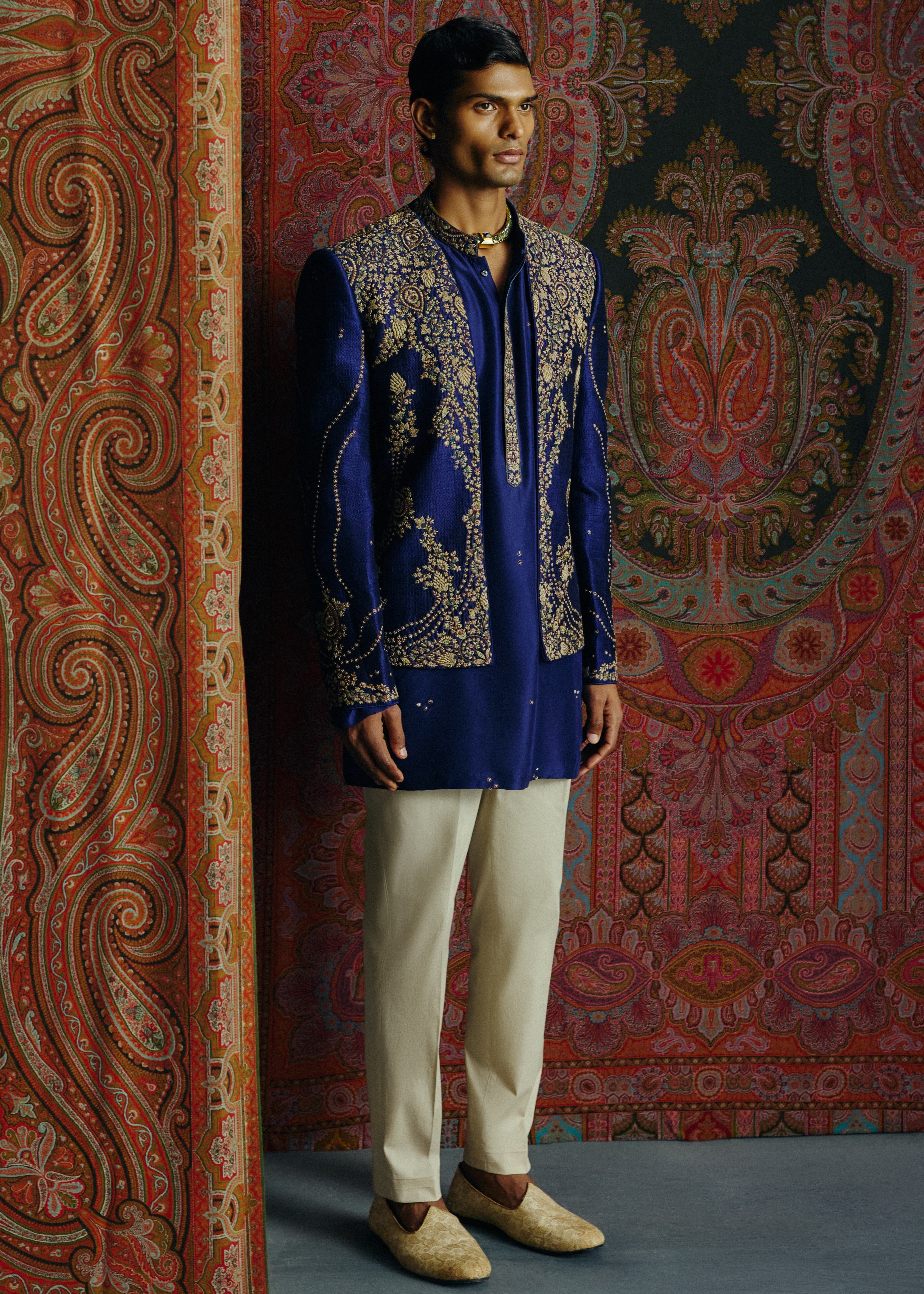 Blue Heritage Open Jacket With Kurta & Pant Set