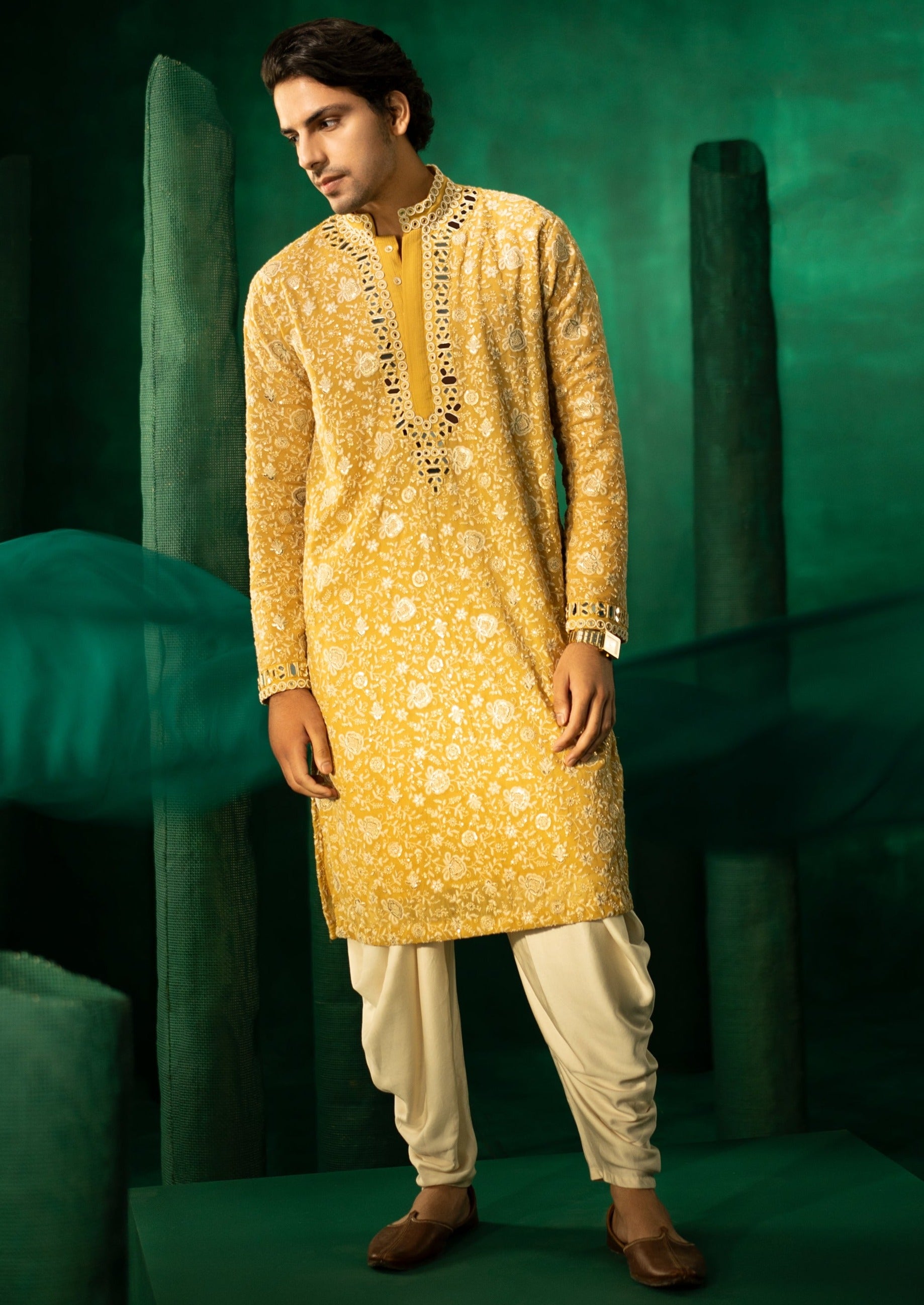 Golden Yellow Chikankari Mirror Embellished Kurta Set