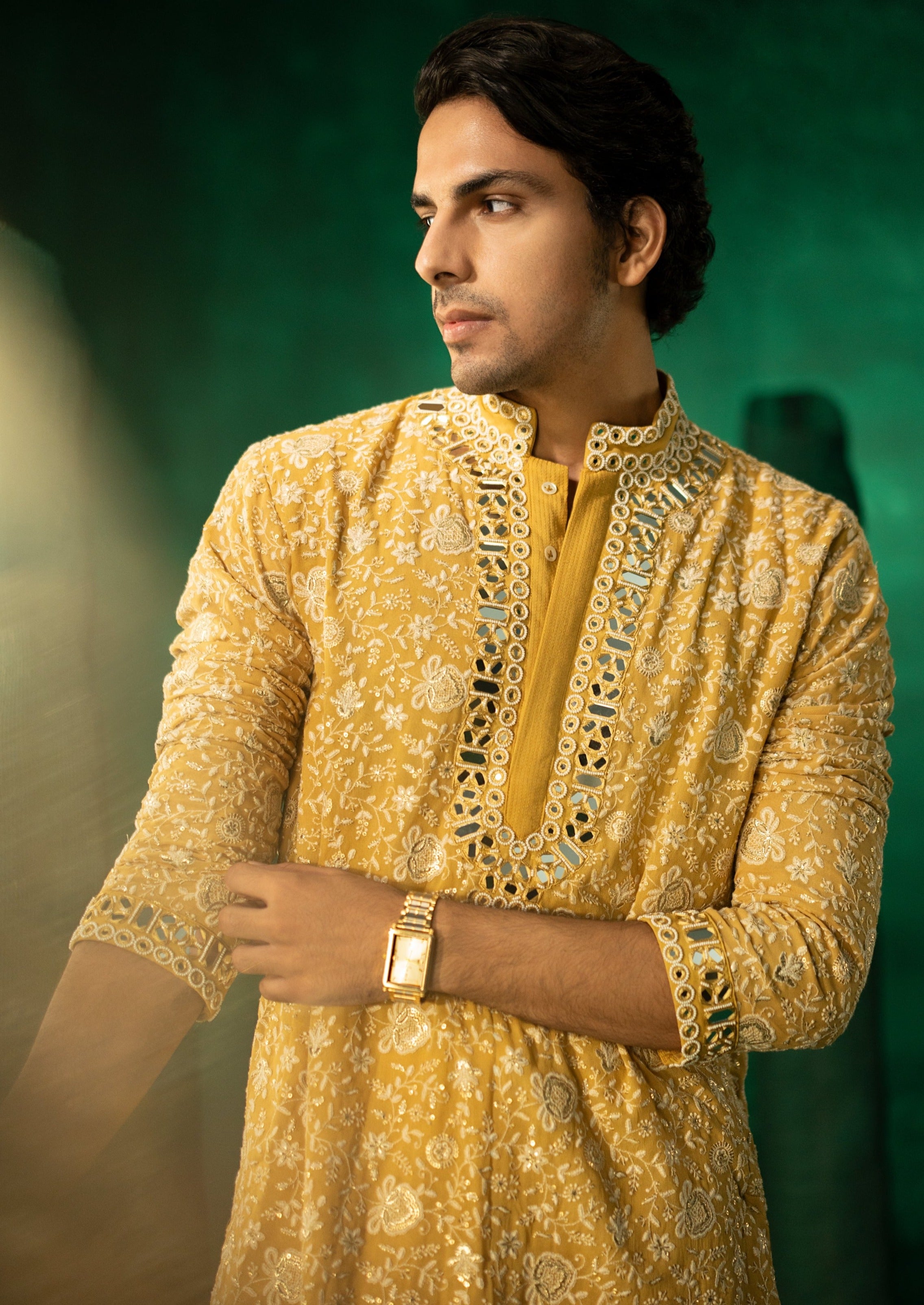 Golden Yellow Chikankari Mirror Embellished Kurta Set