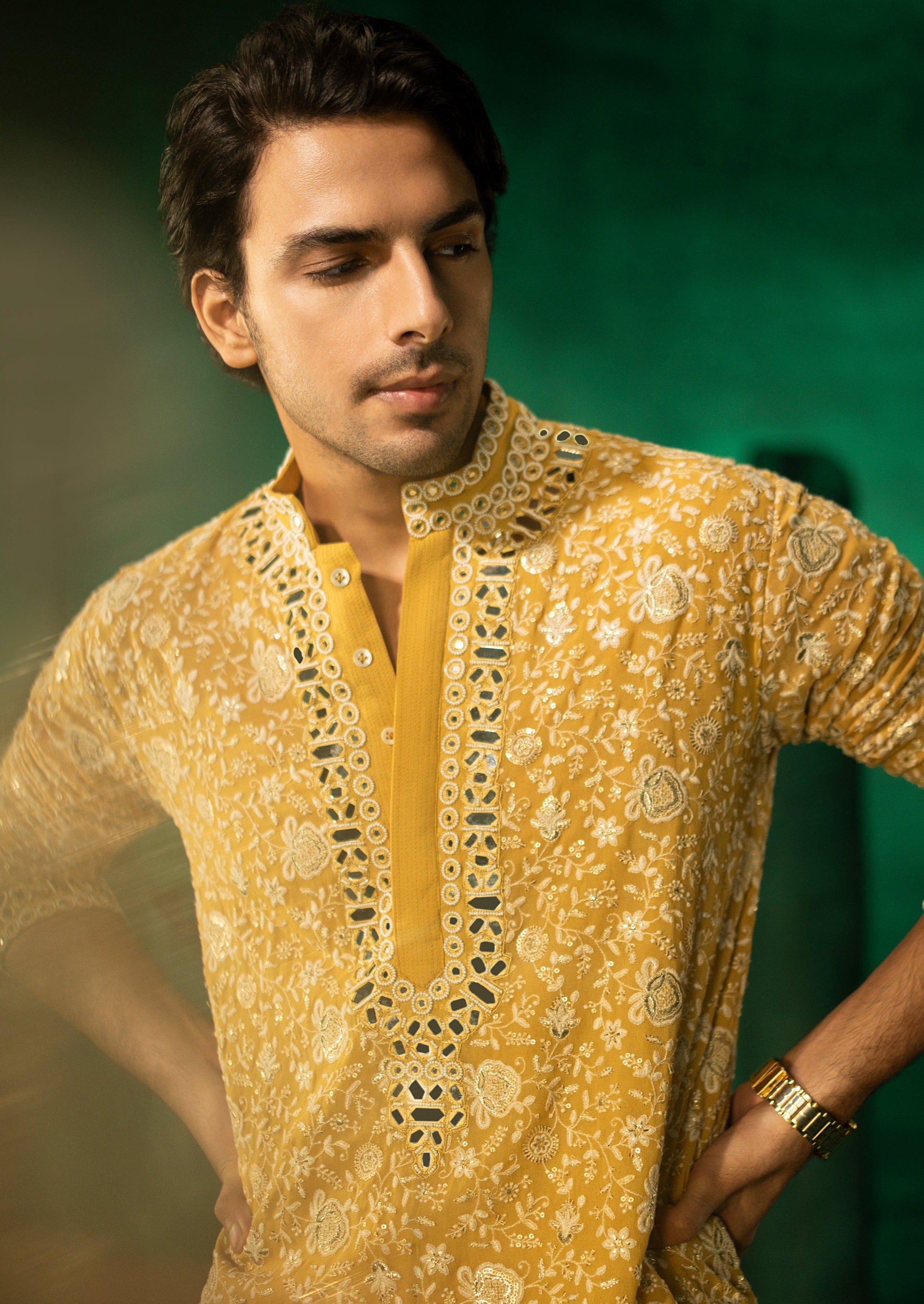 Golden Yellow Chikankari Mirror Embellished Kurta Set