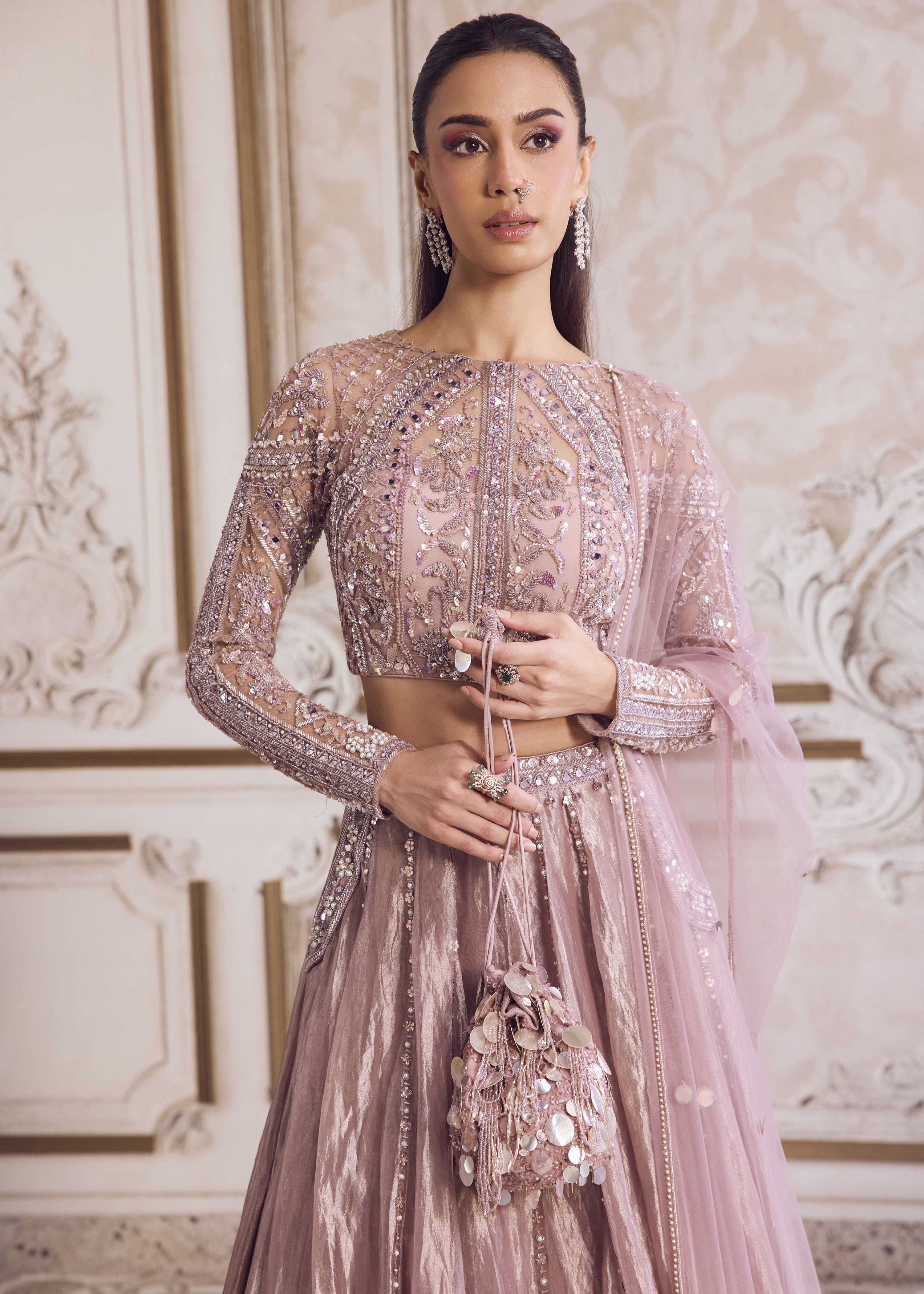 Champagne Rose Tissue Lehenga