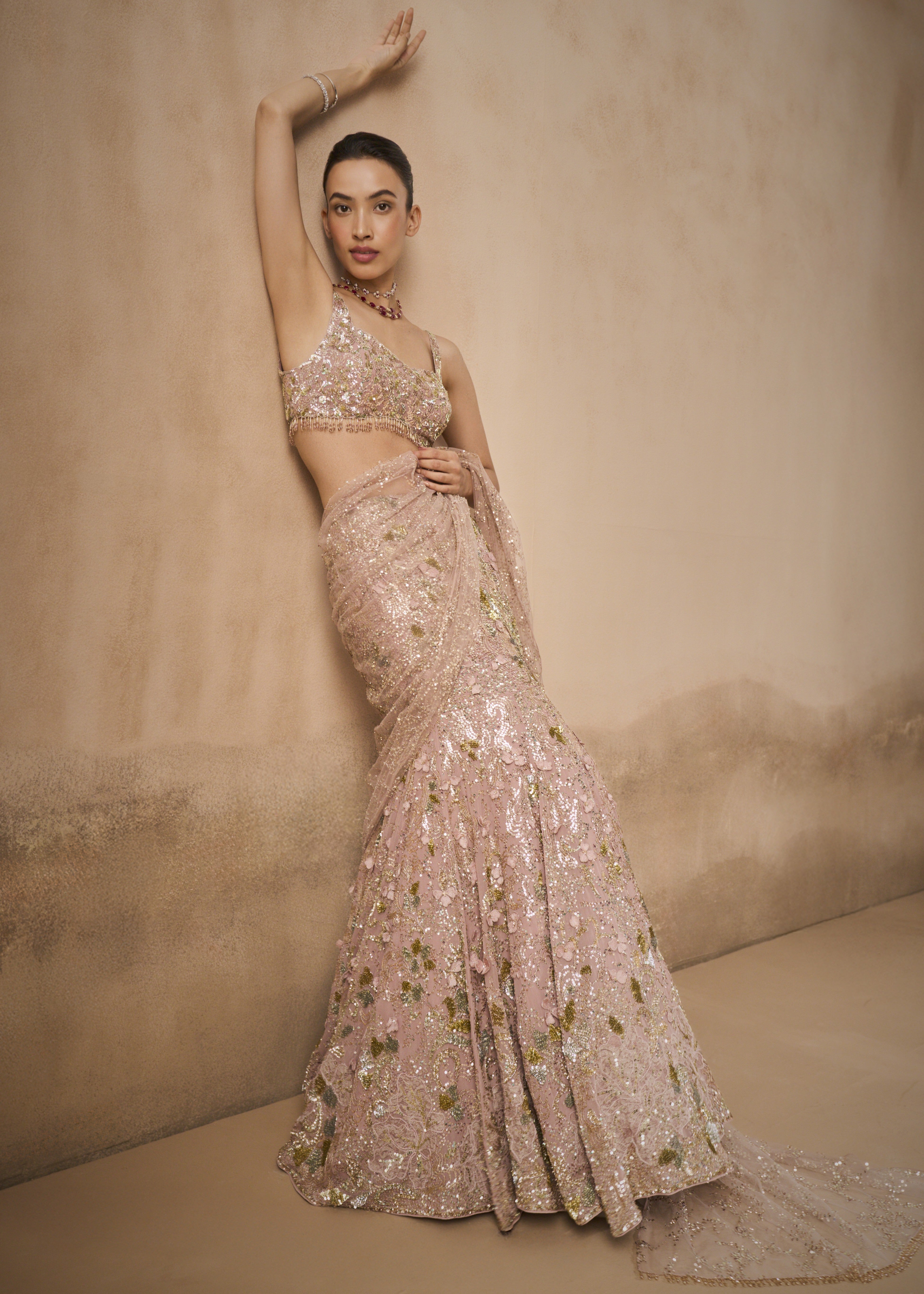 Rose Pink Georgette Sparkle Drape Lehenga Set