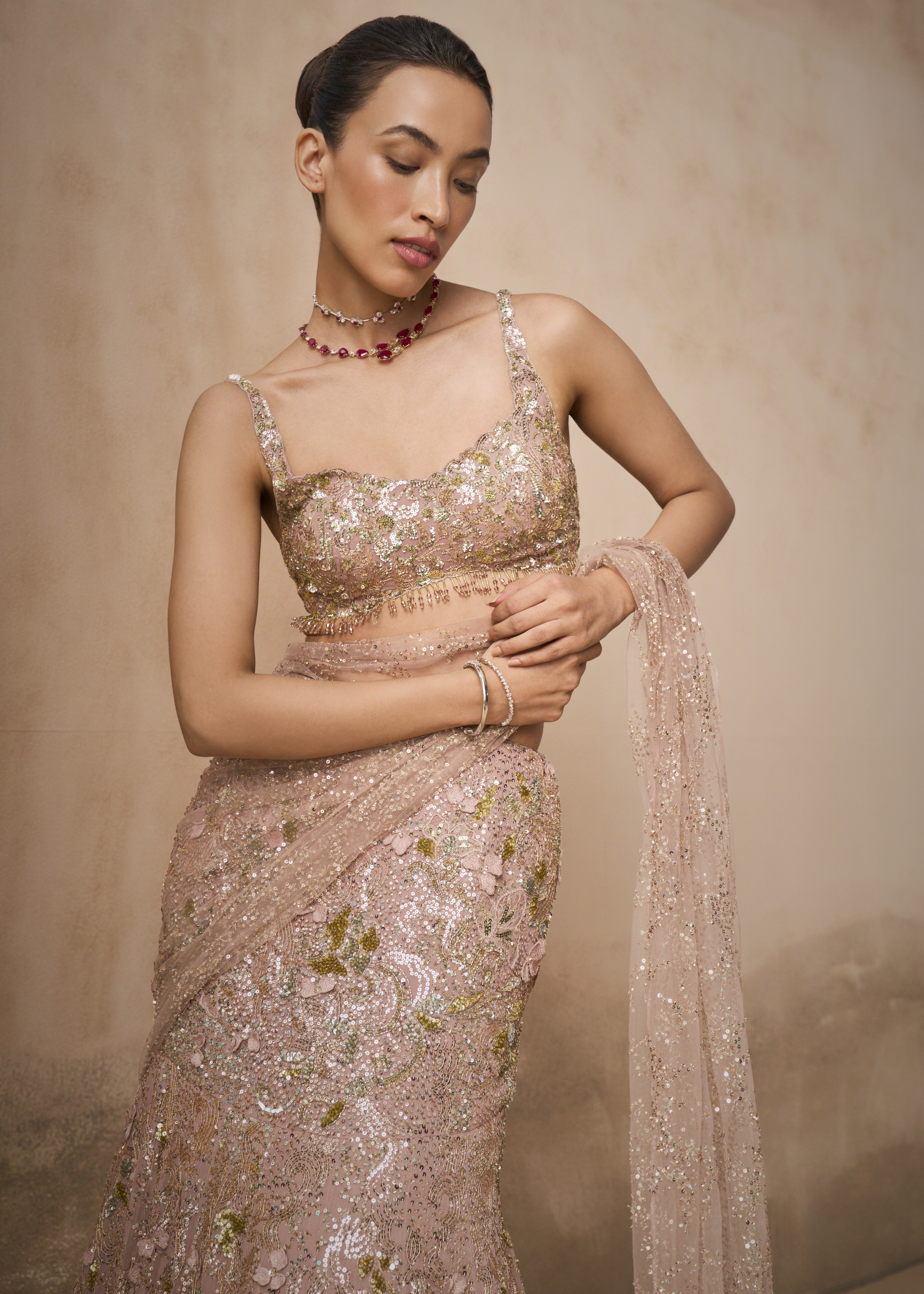 Rose Pink Georgette Sparkle Drape Lehenga Set