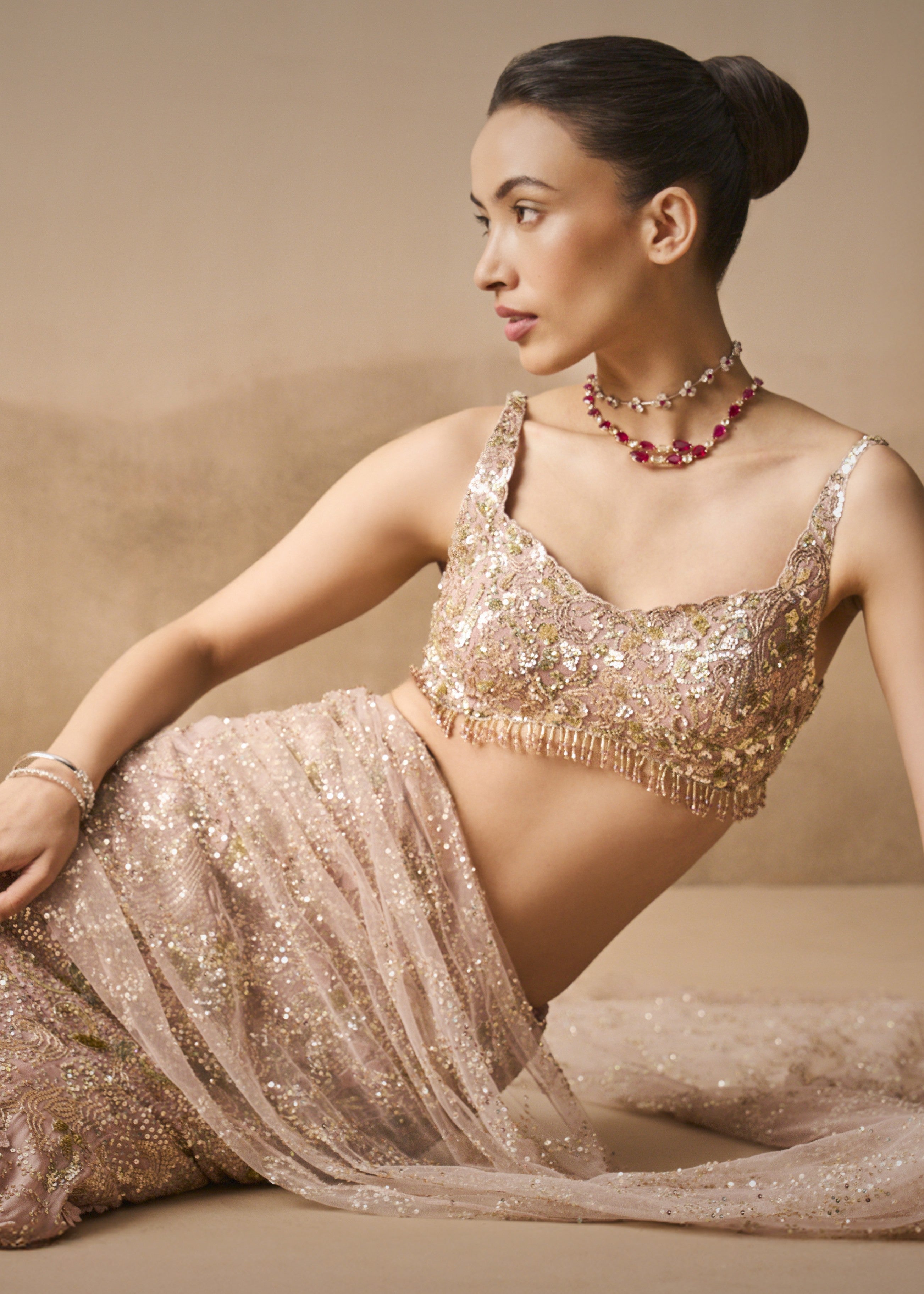 Rose Pink Georgette Sparkle Drape Lehenga Set