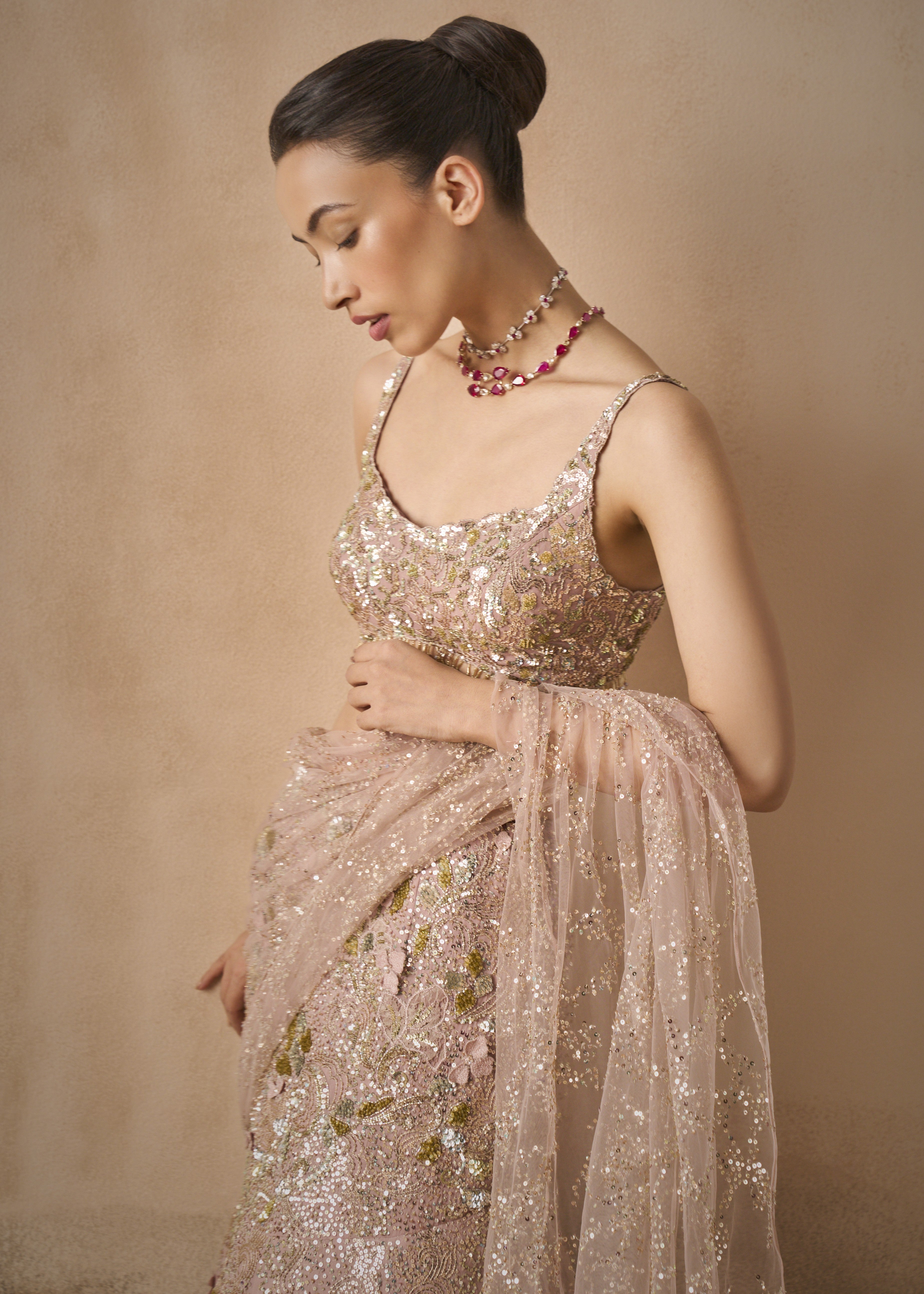 Rose Pink Georgette Sparkle Drape Lehenga Set